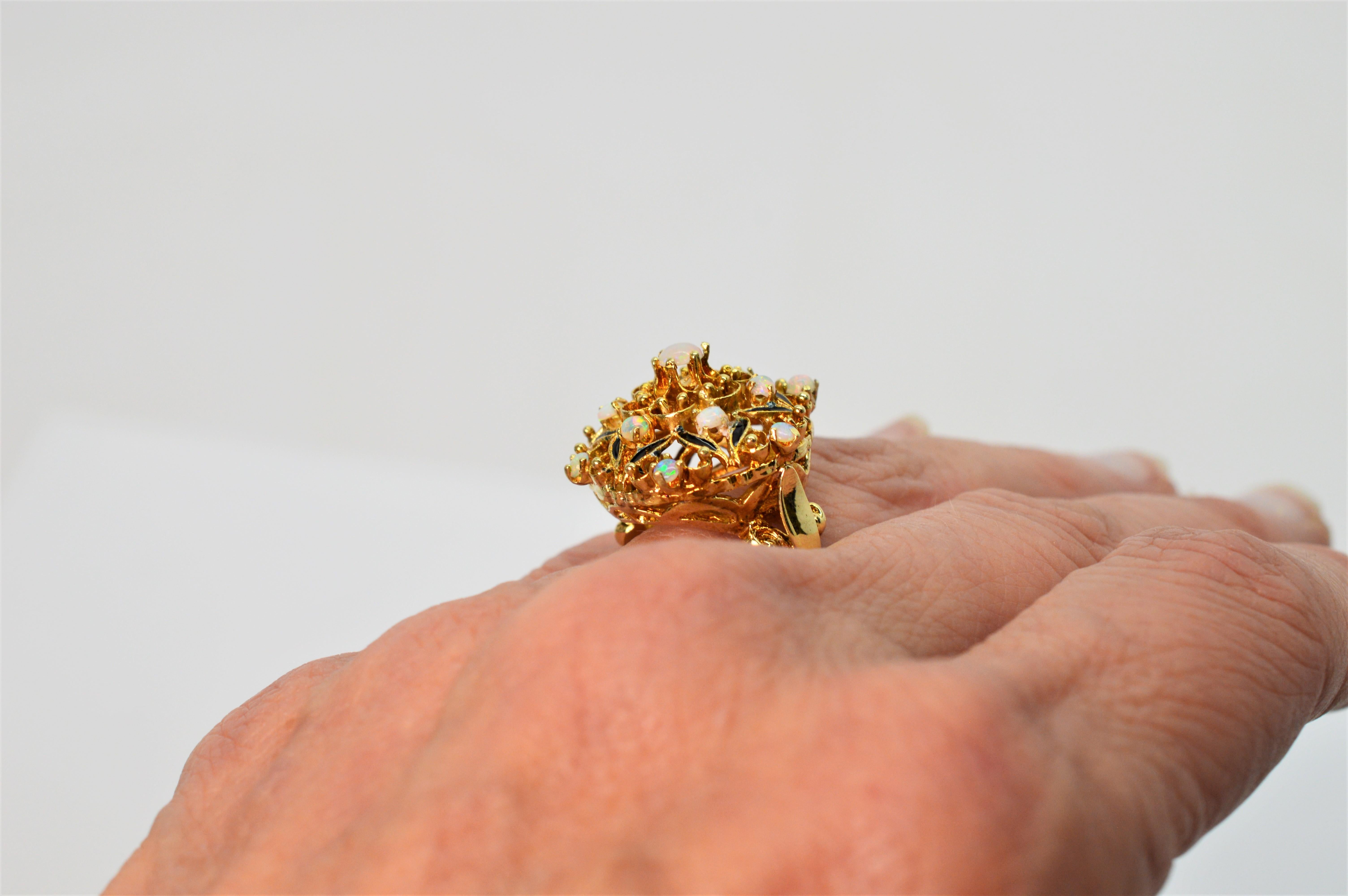 Antique Style Opal 14 Karat Yellow Gold Floral Burst Cocktail Ring 3