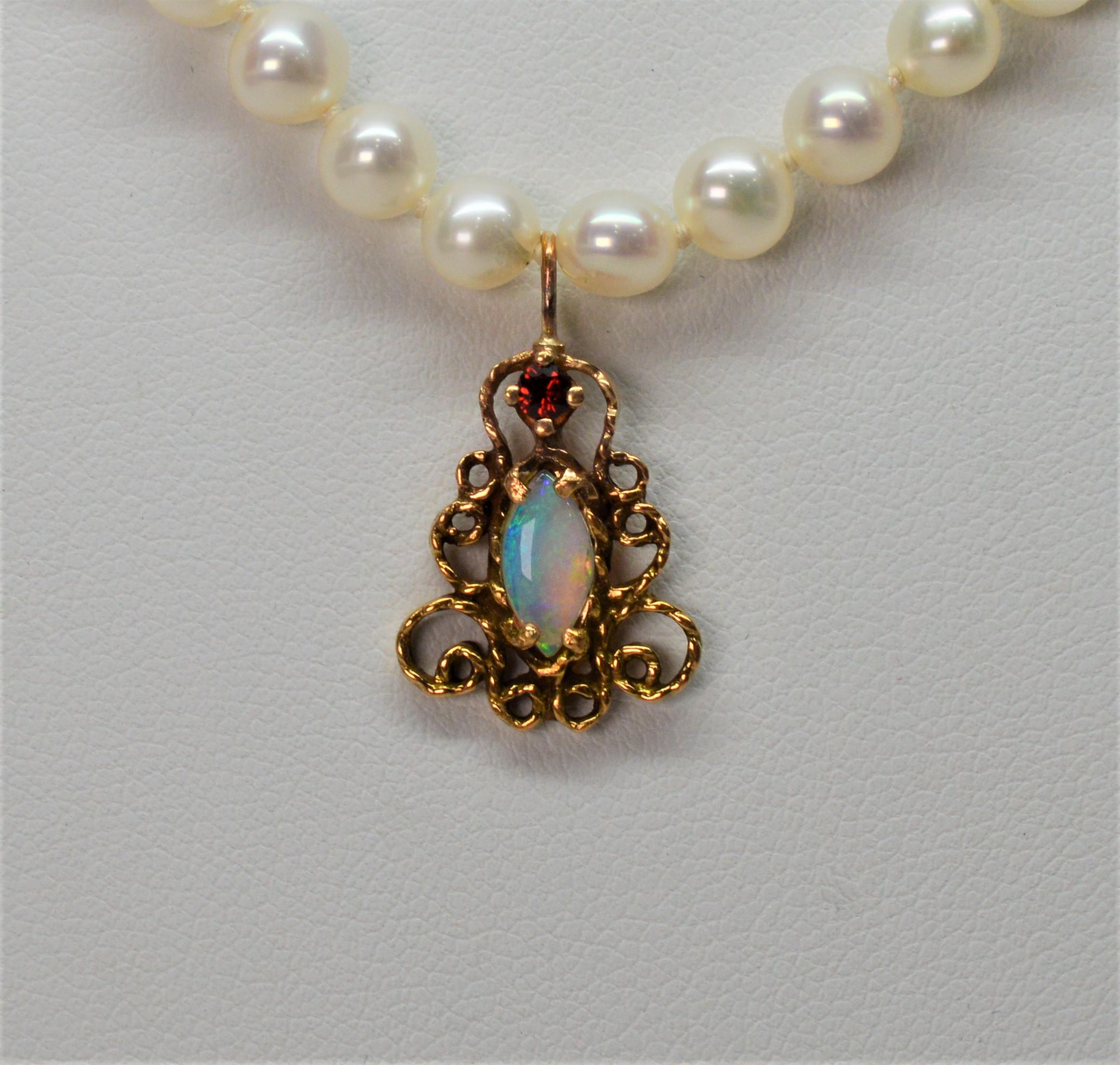 Antique-Style Opal Ruby Yellow Gold Charm Pendant on Pearl Necklace In Excellent Condition In Mount Kisco, NY