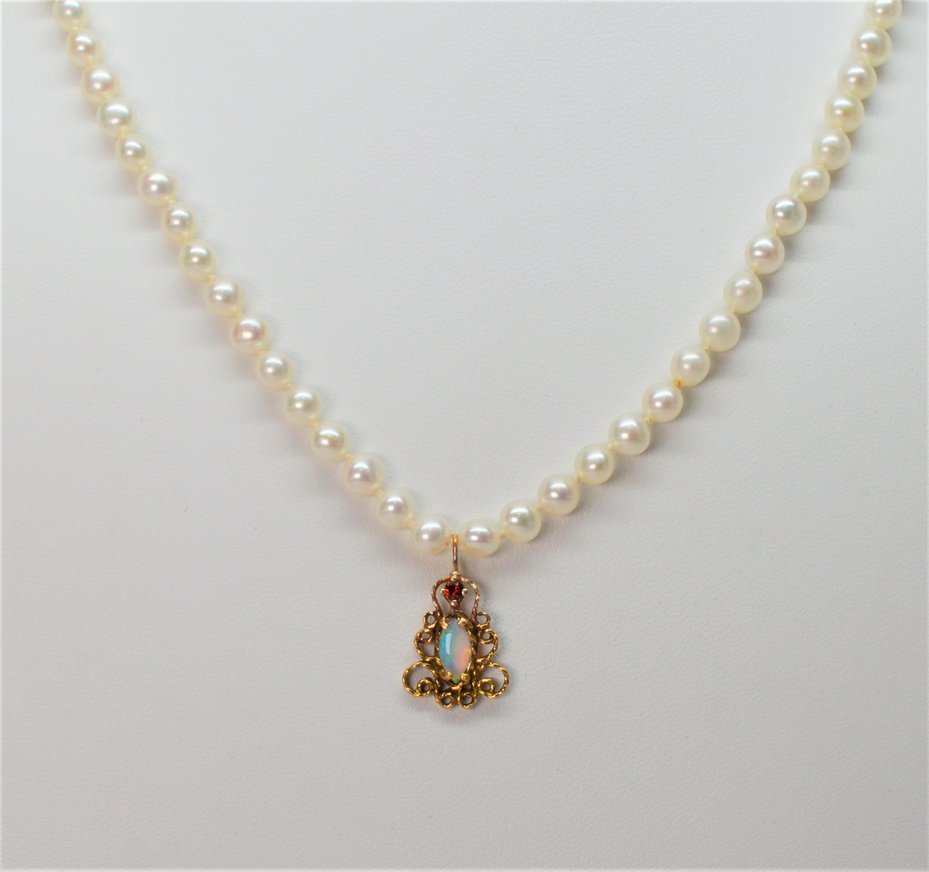 Women's Antique-Style Opal Ruby Yellow Gold Charm Pendant on Pearl Necklace