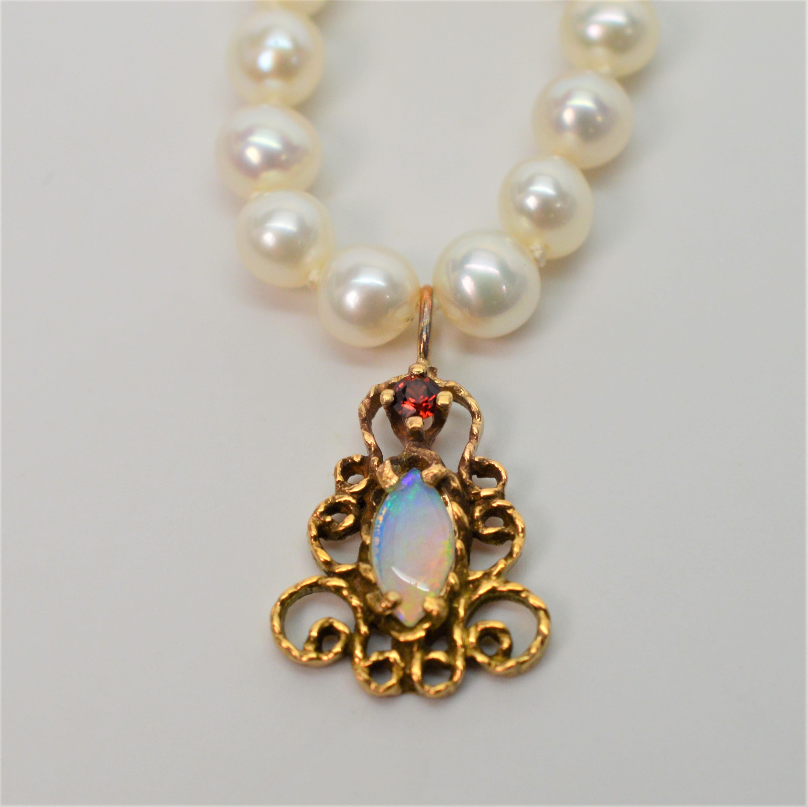 Antique-Style Opal Ruby Yellow Gold Charm Pendant on Pearl Necklace 2