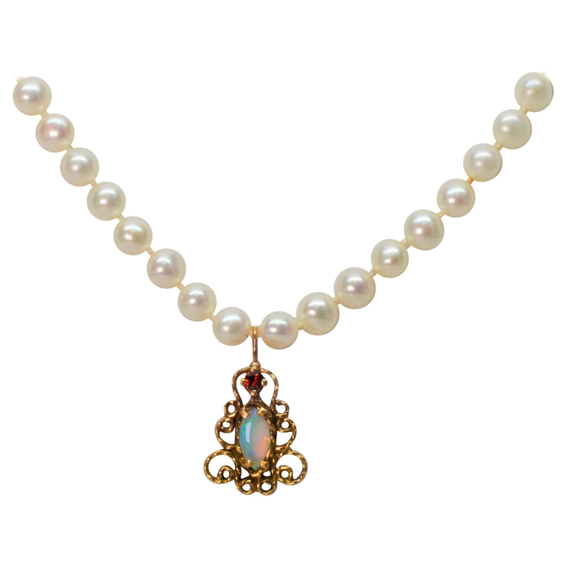 Antique-Style Opal Ruby Yellow Gold Charm Pendant on Pearl Necklace