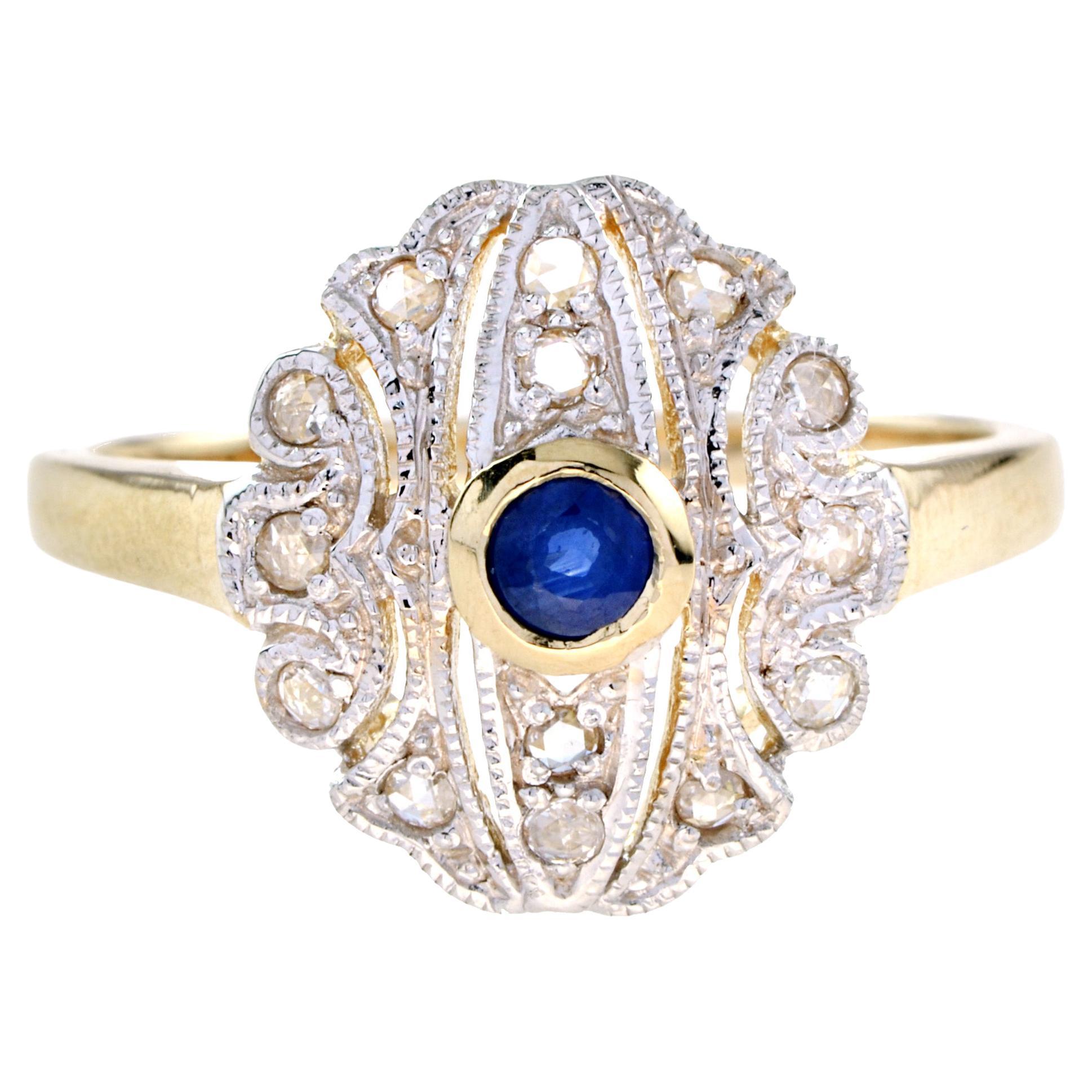 En vente :  Bague de style ancien en or jaune 14 carats avec saphir ajouré et diamants