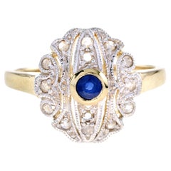 Antique Style Openwork Sapphire and Diamond Ring in 14K Yellow Gold