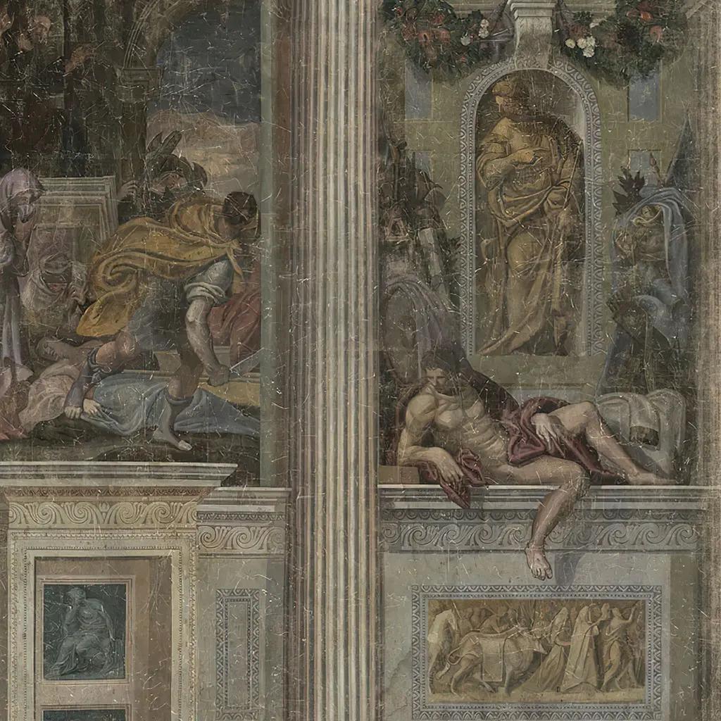 This panoramic wall décor is inspired by early nineteenth-century designs and recalls the look of antique-style panoramic wallpaper and historical trompe-l’œil murals. Printed on antique-style paper, then hand-crumpled and mounted on canvas, it