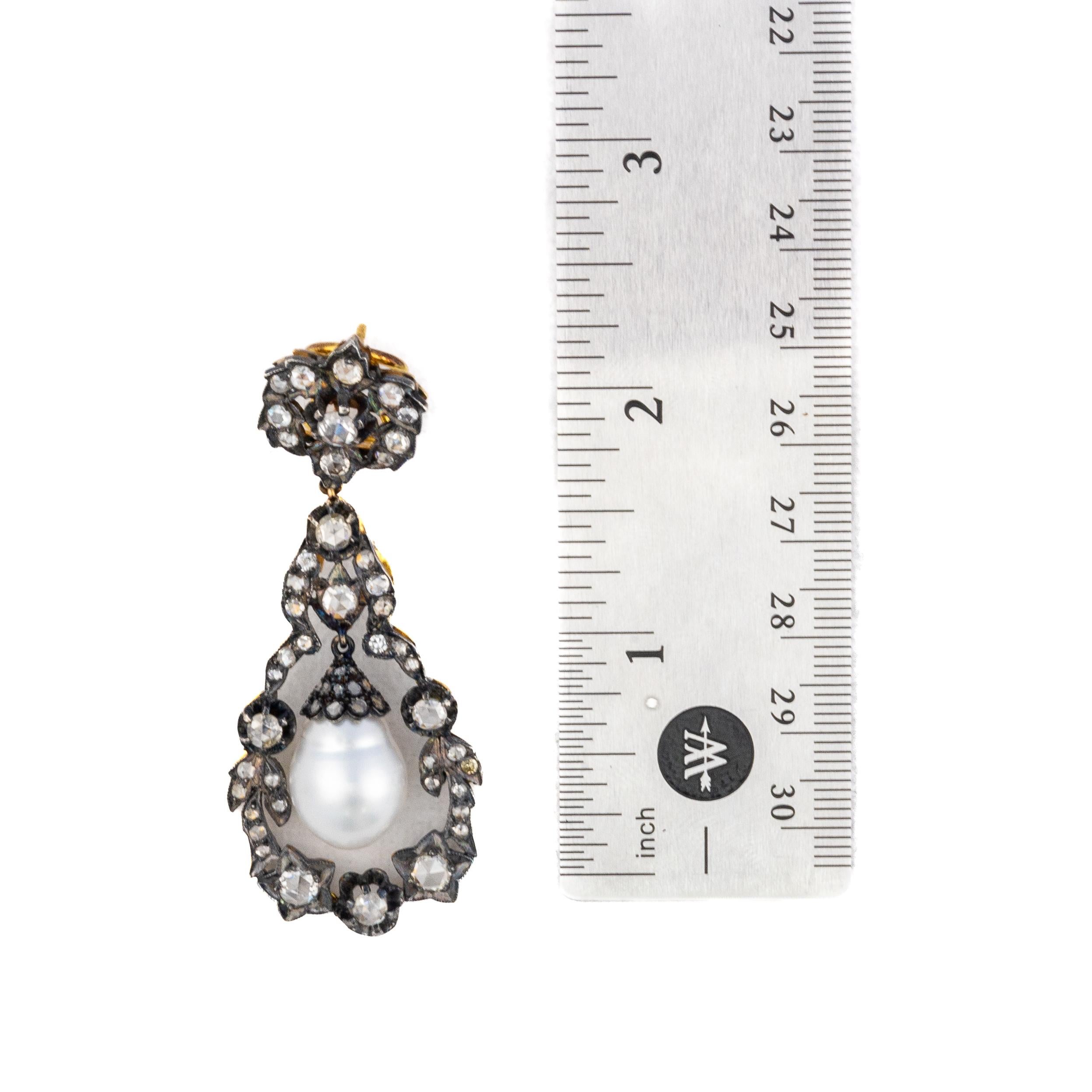 Round Cut Antique-Style Pearl and Diamond Earrings For Sale