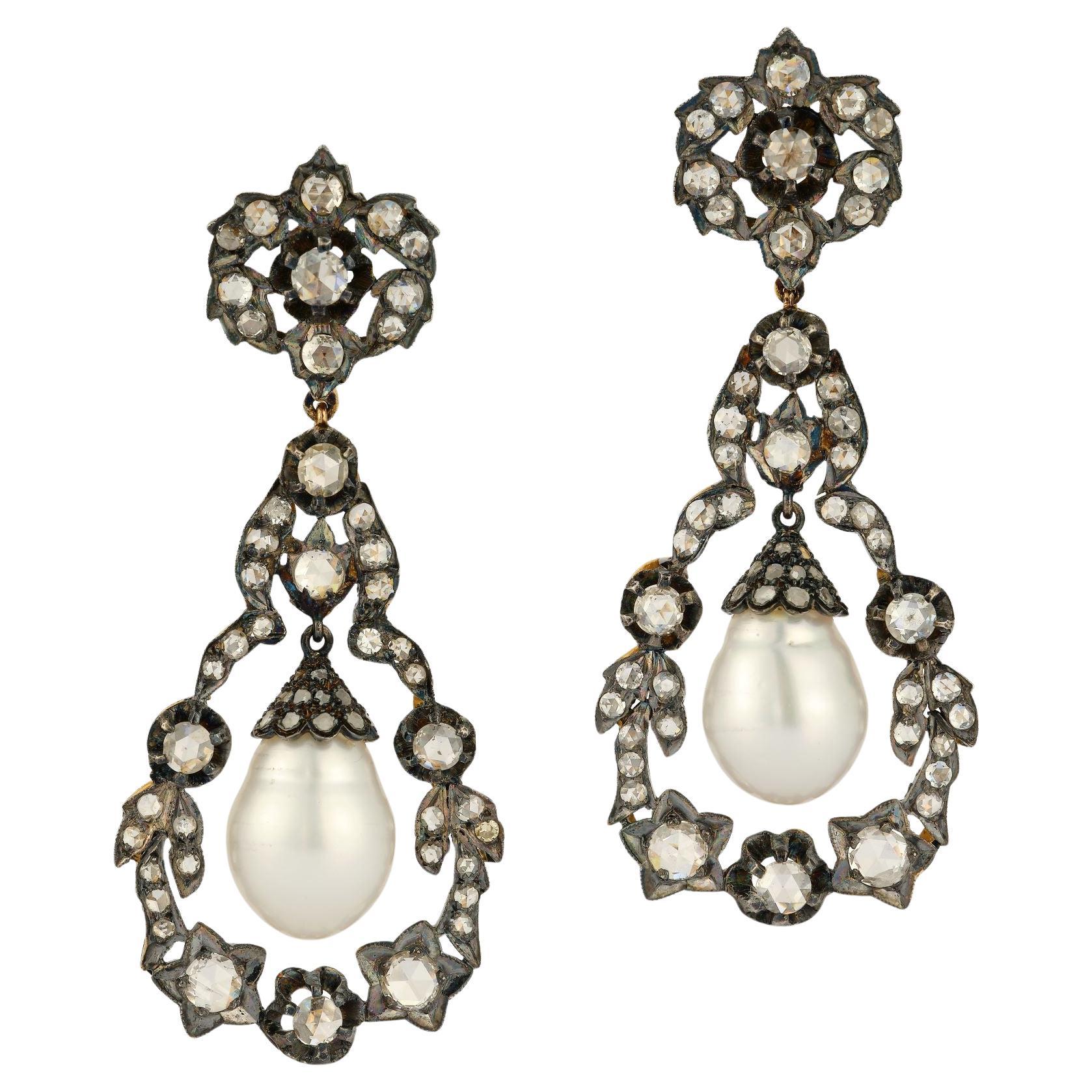 Antique-Style Pearl and Diamond Earrings For Sale