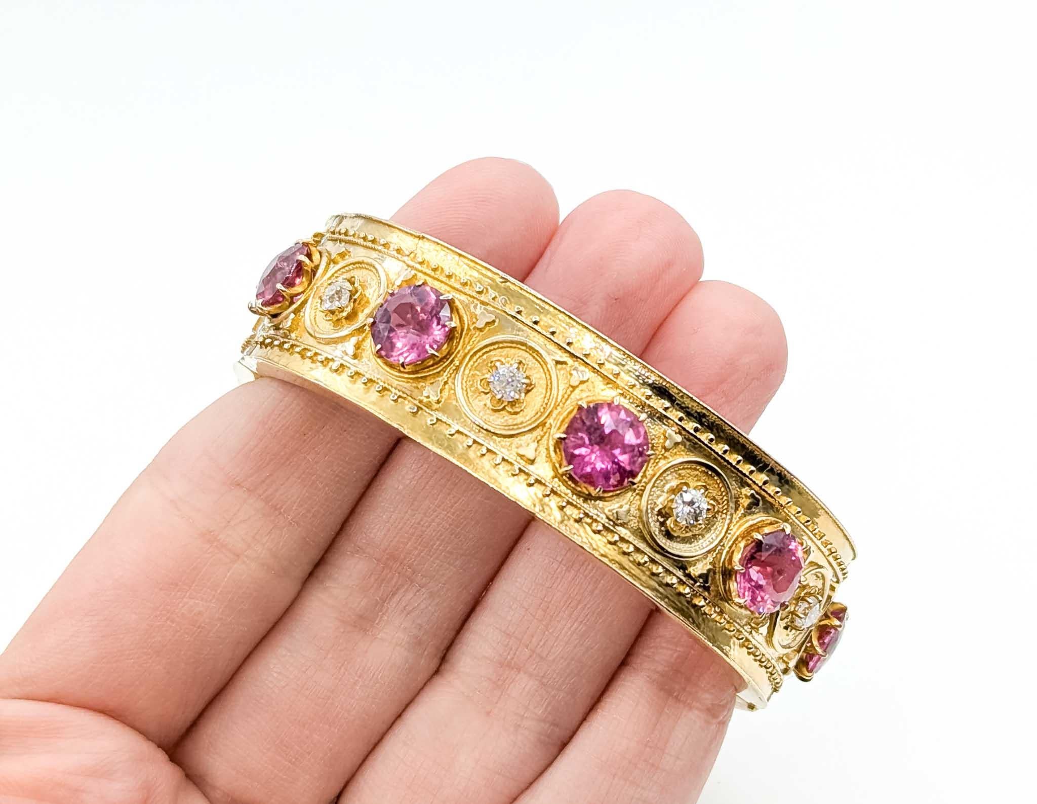 Edwardian Antique Style Pink Tourmaline and Diamond 14k Yellow Gold Bangle For Sale