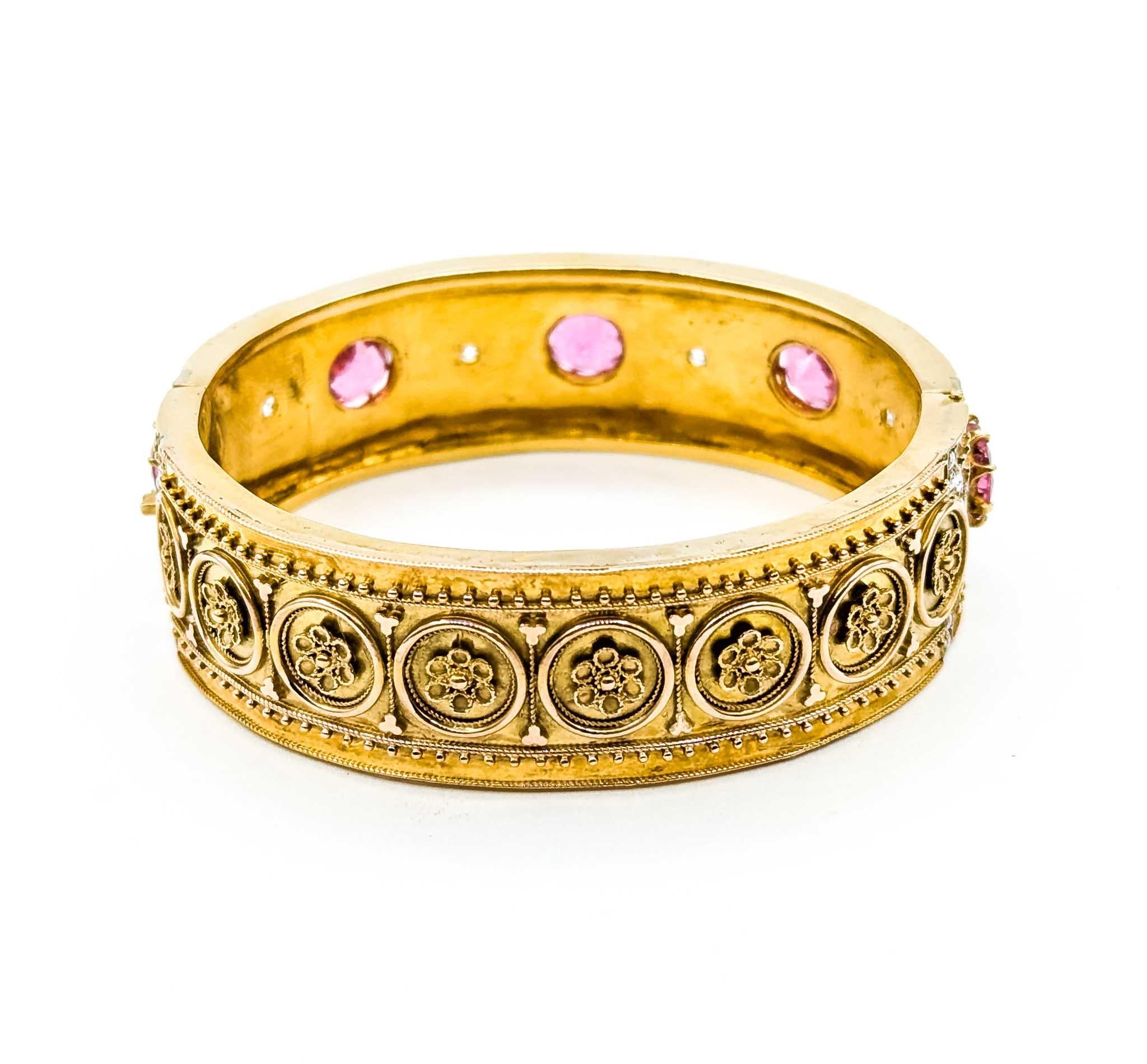 Round Cut Antique Style Pink Tourmaline and Diamond 14k Yellow Gold Bangle For Sale