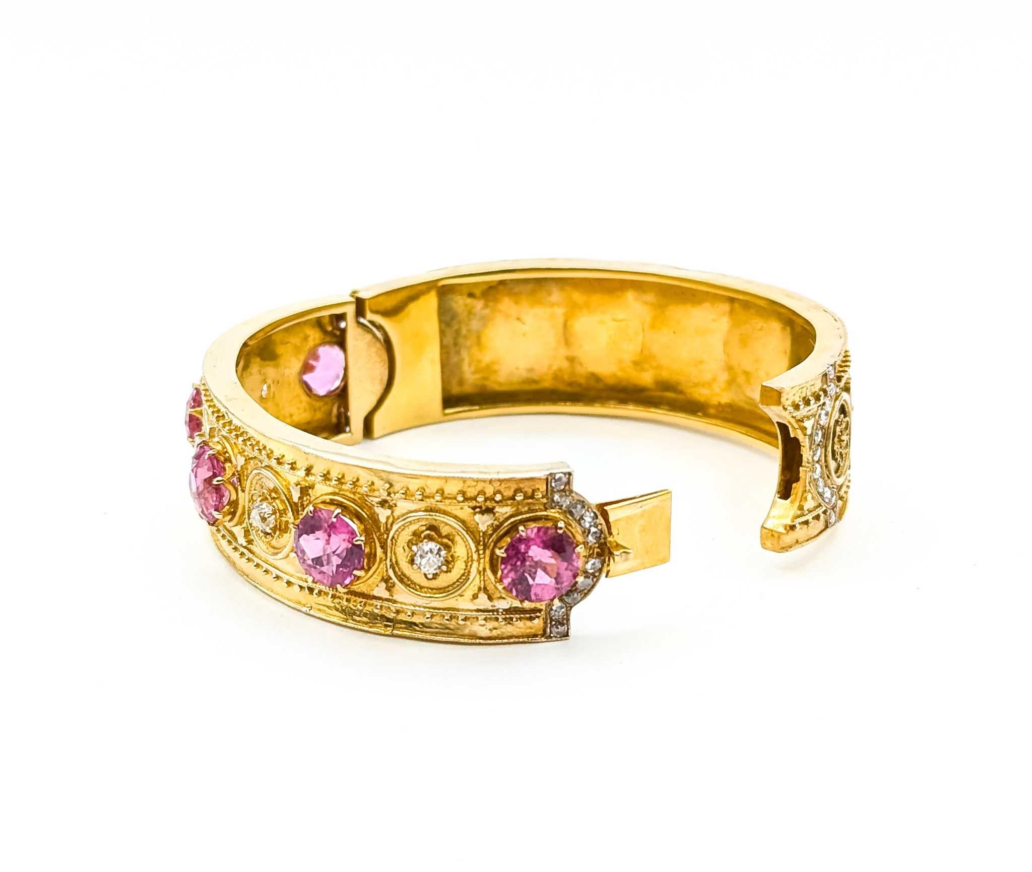Antique Style Pink Tourmaline and Diamond 14k Yellow Gold Bangle In Excellent Condition For Sale In Bloomington, MN