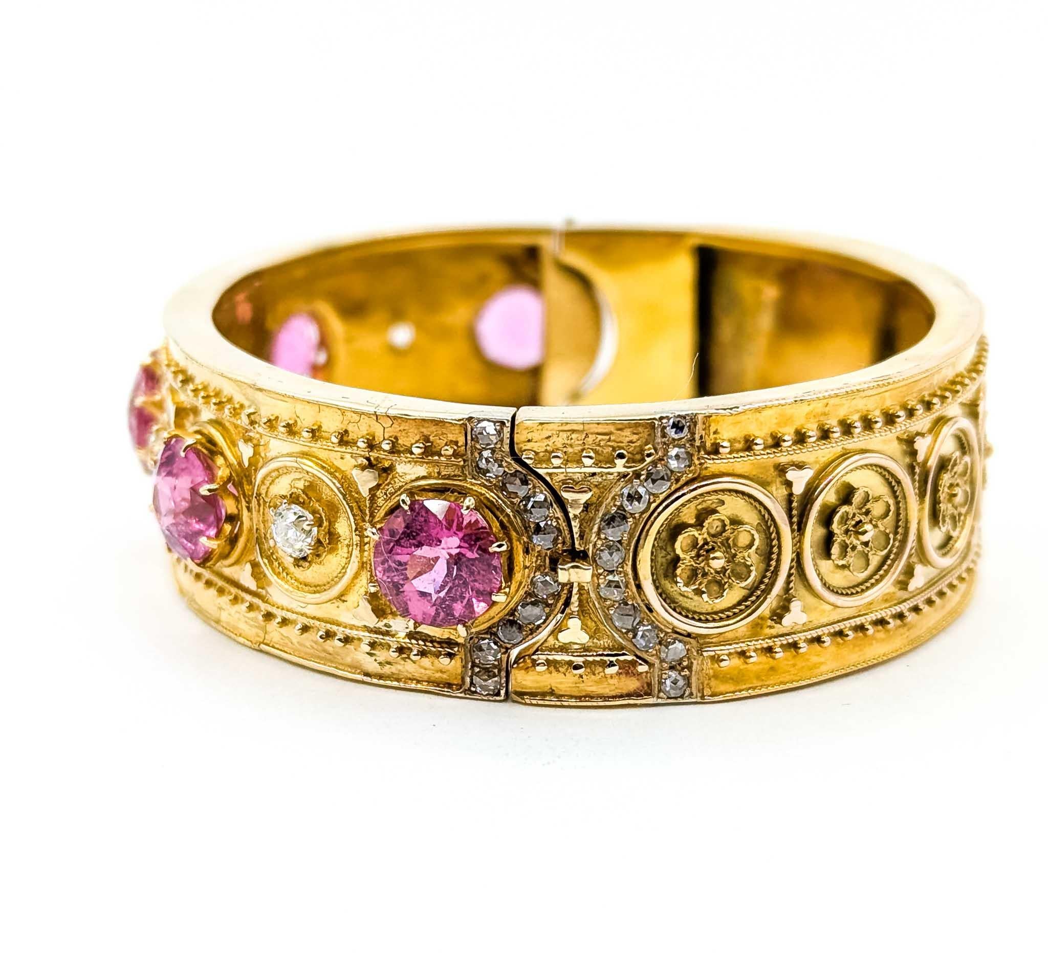 Women's Antique Style Pink Tourmaline and Diamond 14k Yellow Gold Bangle For Sale