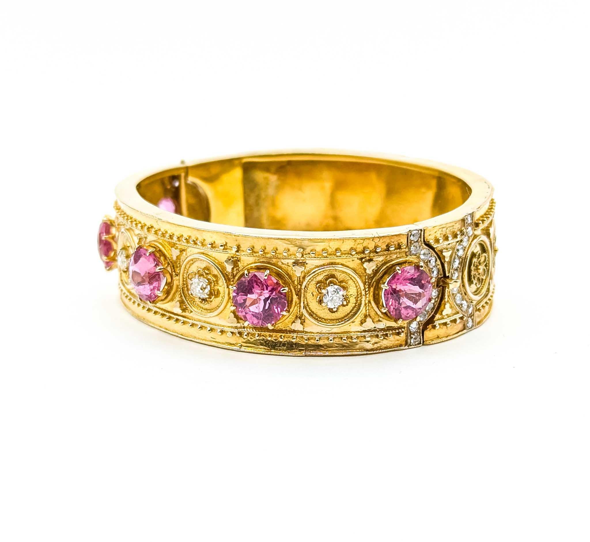 Antique Style Pink Tourmaline and Diamond 14k Yellow Gold Bangle For Sale 1