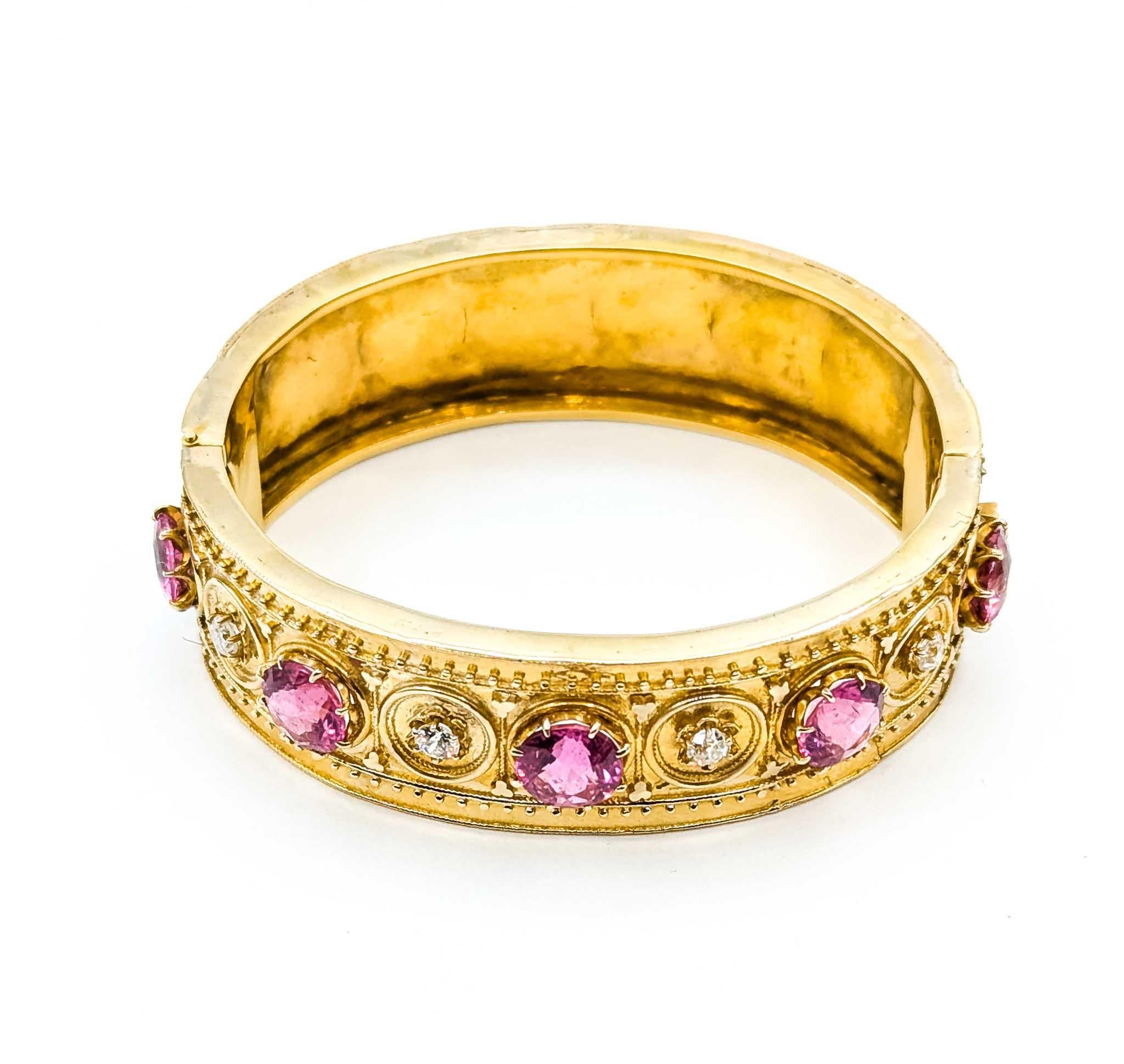 Antique Style Pink Tourmaline and Diamond 14k Yellow Gold Bangle For Sale 2