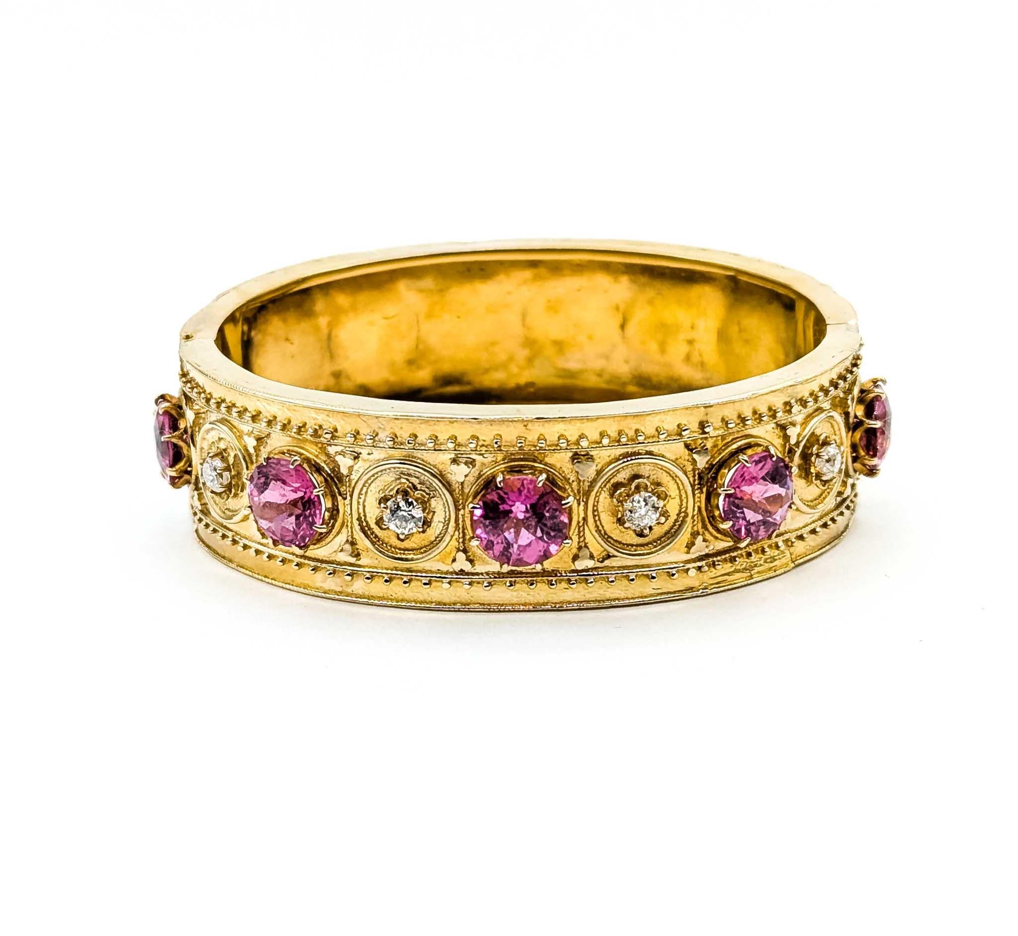 Antique Style Pink Tourmaline and Diamond 14k Yellow Gold Bangle For Sale 3