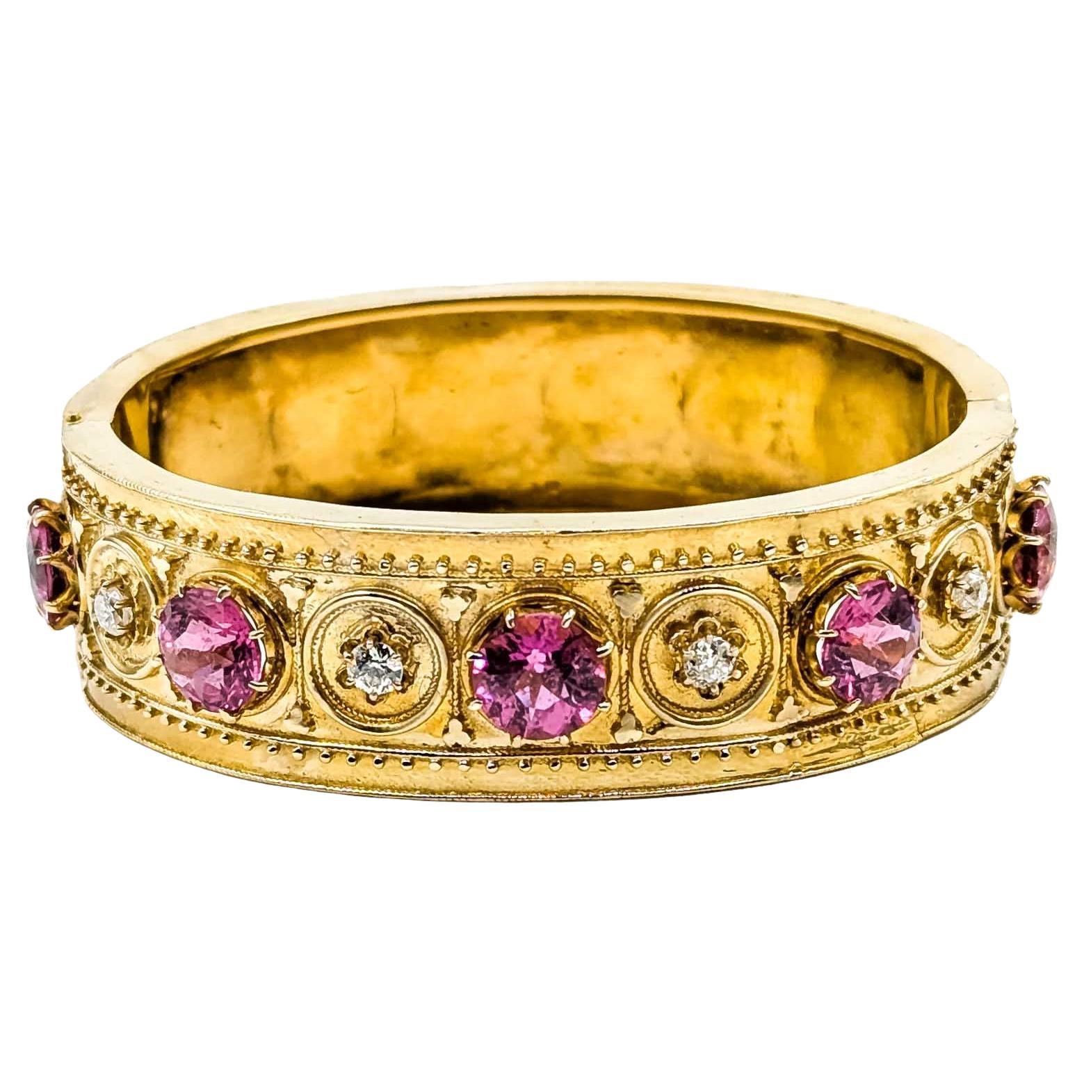 Antique Style Pink Tourmaline and Diamond 14k Yellow Gold Bangle For Sale
