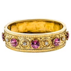 Antique Style Pink Tourmaline and Diamond 14k Yellow Gold Bangle