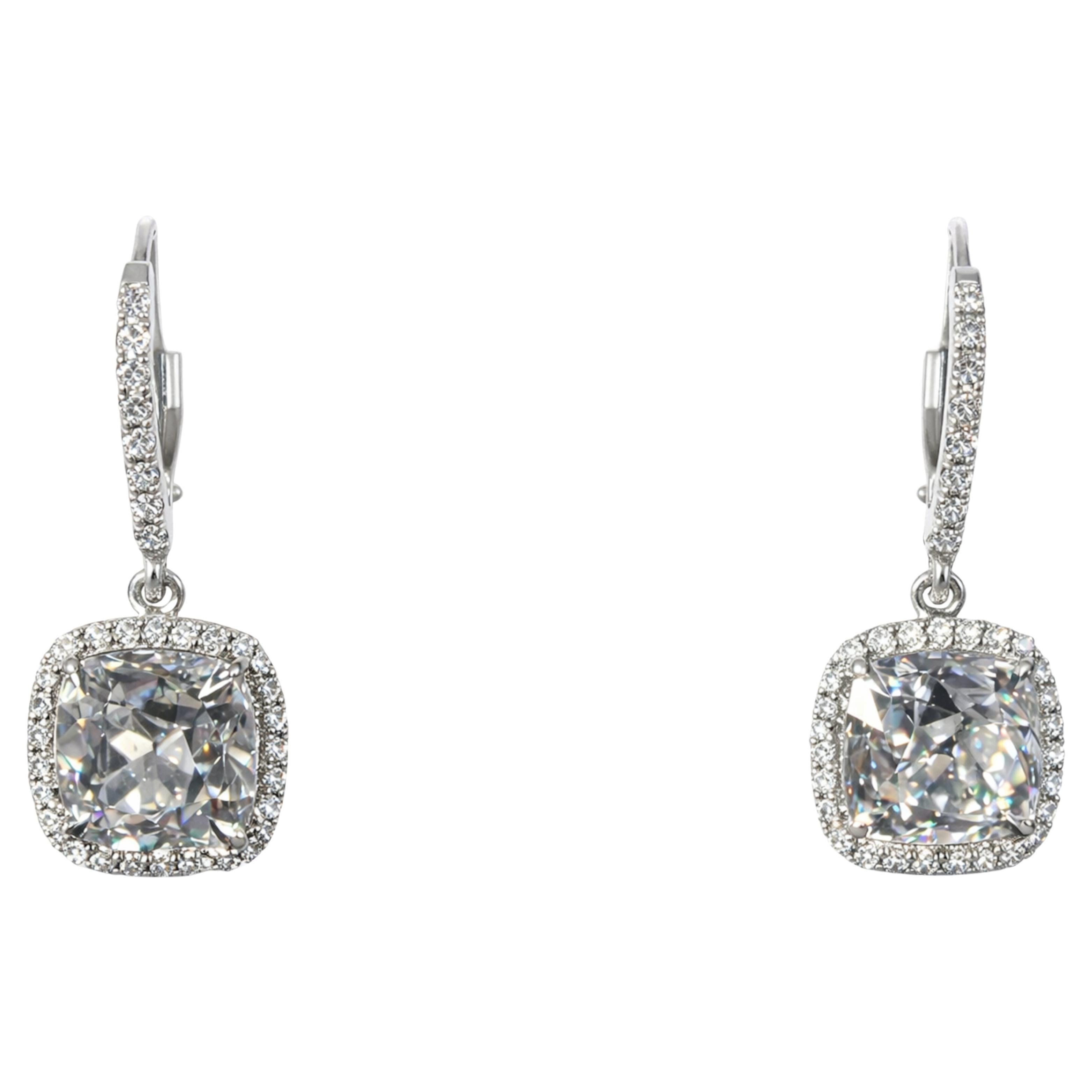 Antique-Style Platinum Drop Earrings with European Cut Diamonds For Sale