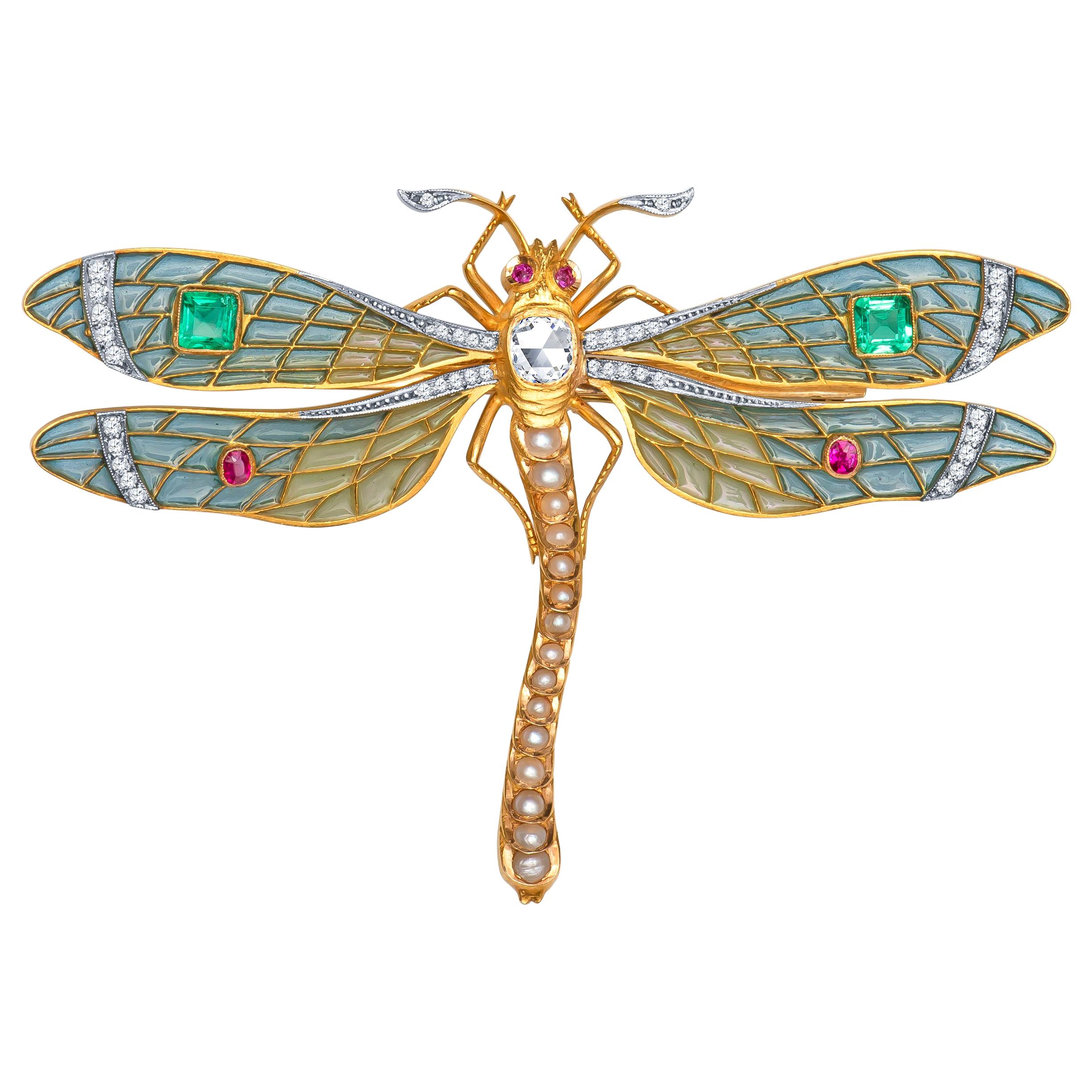 Spilla Dragonfly Plique à Jour in stile antico, diamante Old Miner da 0,90 carati, Gemme