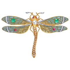 Antique-Style Plique à Jour Dragonfly Brooch, 0.90 Carat Old Miner Diamond, Gems