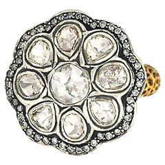 Antique-Style Polki & Rose-Cut Diamond Floral Cluster 14k Gold Cocktail Ring