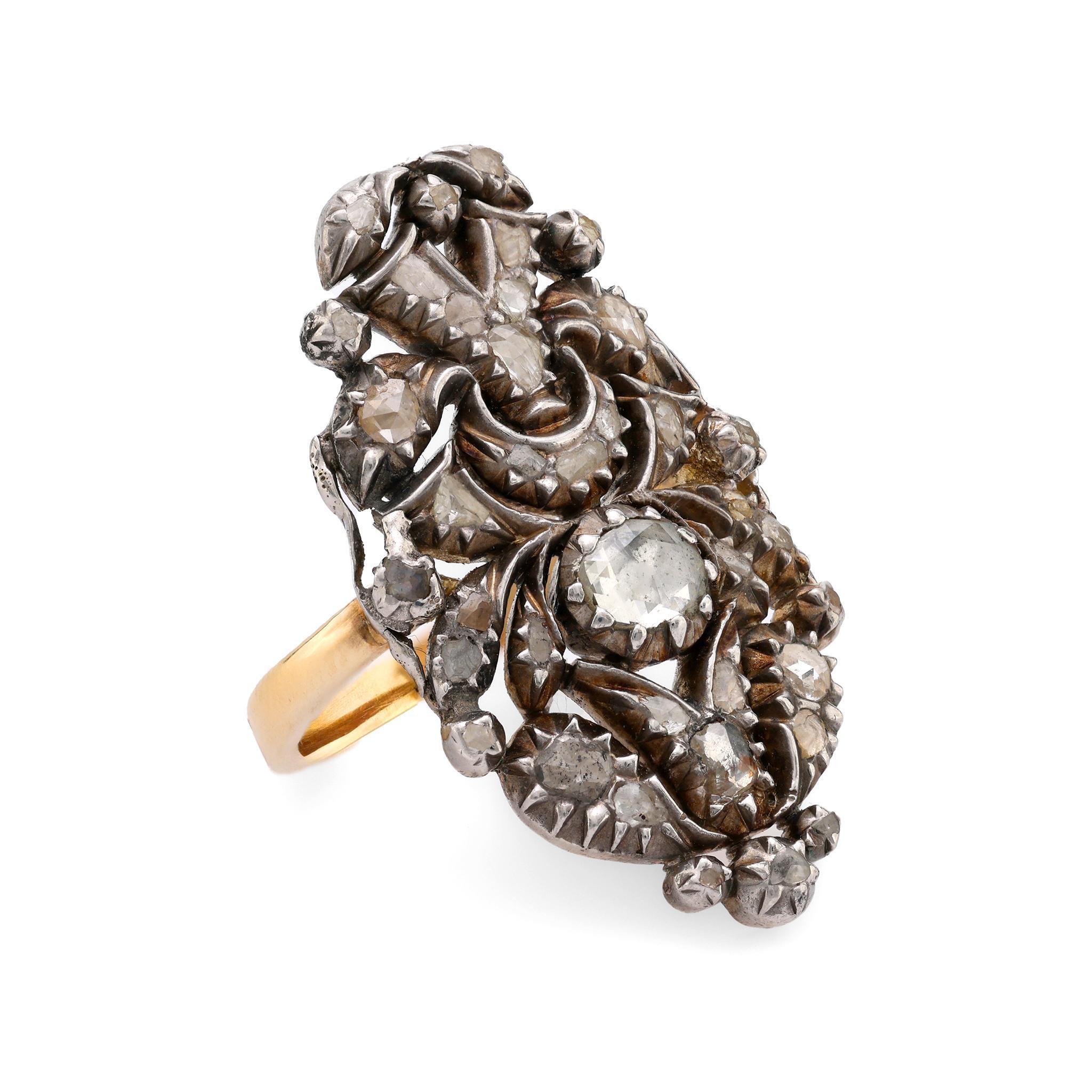 Contemporain Bague Navette de style ancien en or jaune 18 carats avec diamants taille rose