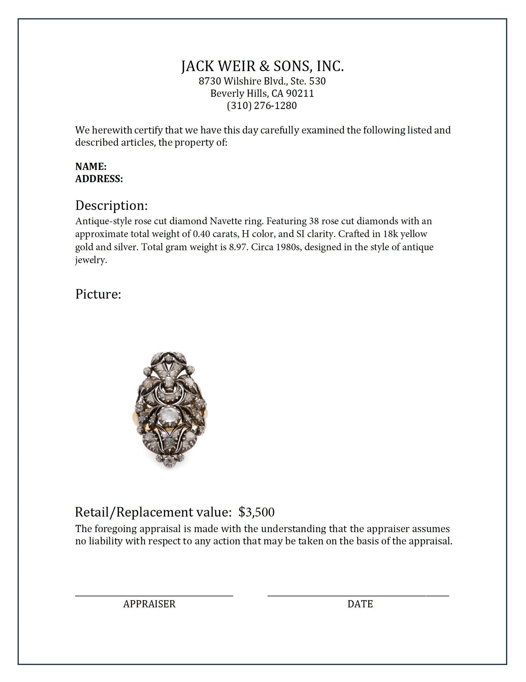 Bague Navette de style ancien en or jaune 18 carats avec diamants taille rose Excellent état à Beverly Hills, CA