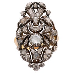 Antique style rose cut diamond 18k yellow gold silver Navette ring