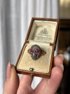 Antique Style Rose Cut Diamond and Ruby Skull Ring in 14k Yellow Gold and Silver