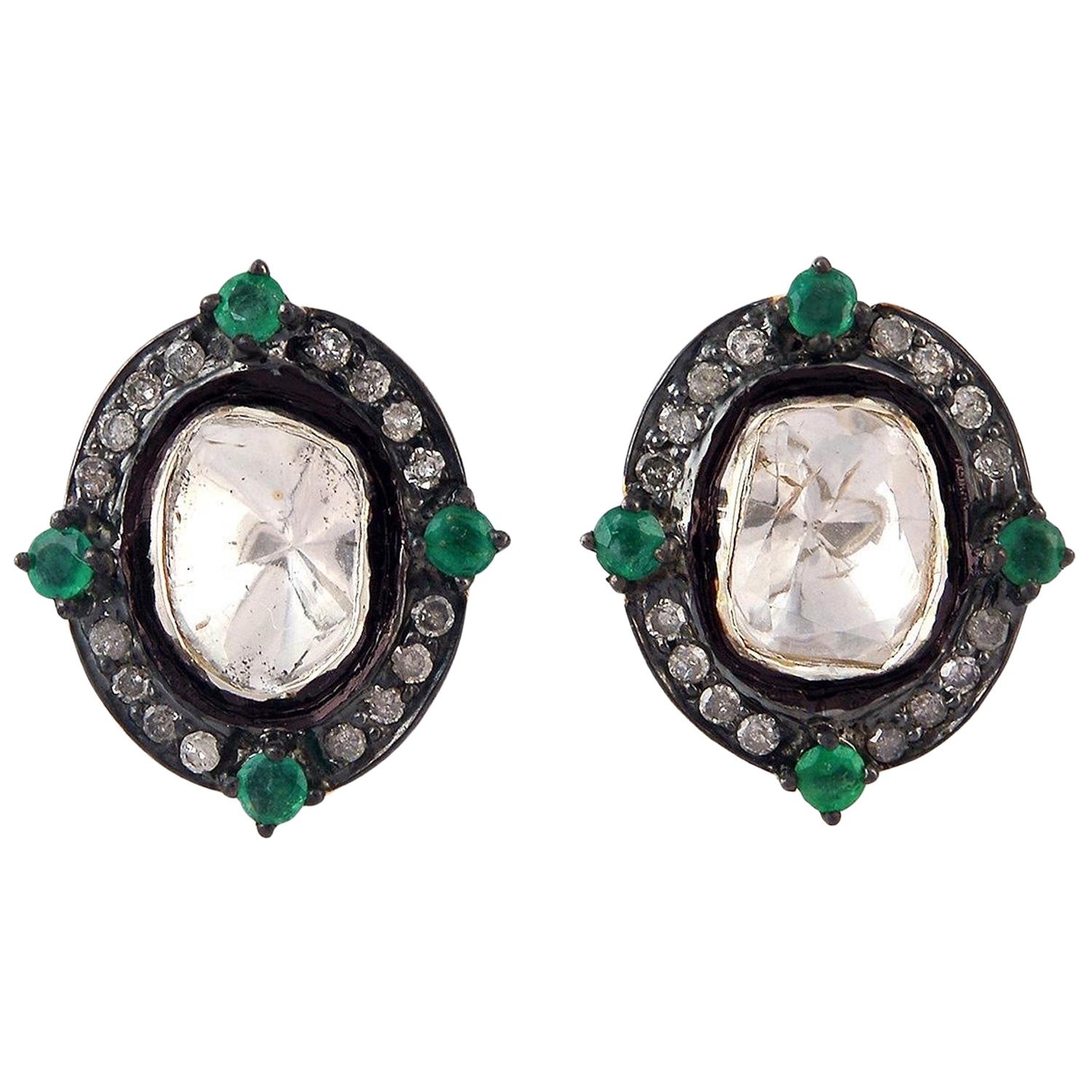 Antique Style Rose Cut Diamond Emerald Stud Earrings For Sale