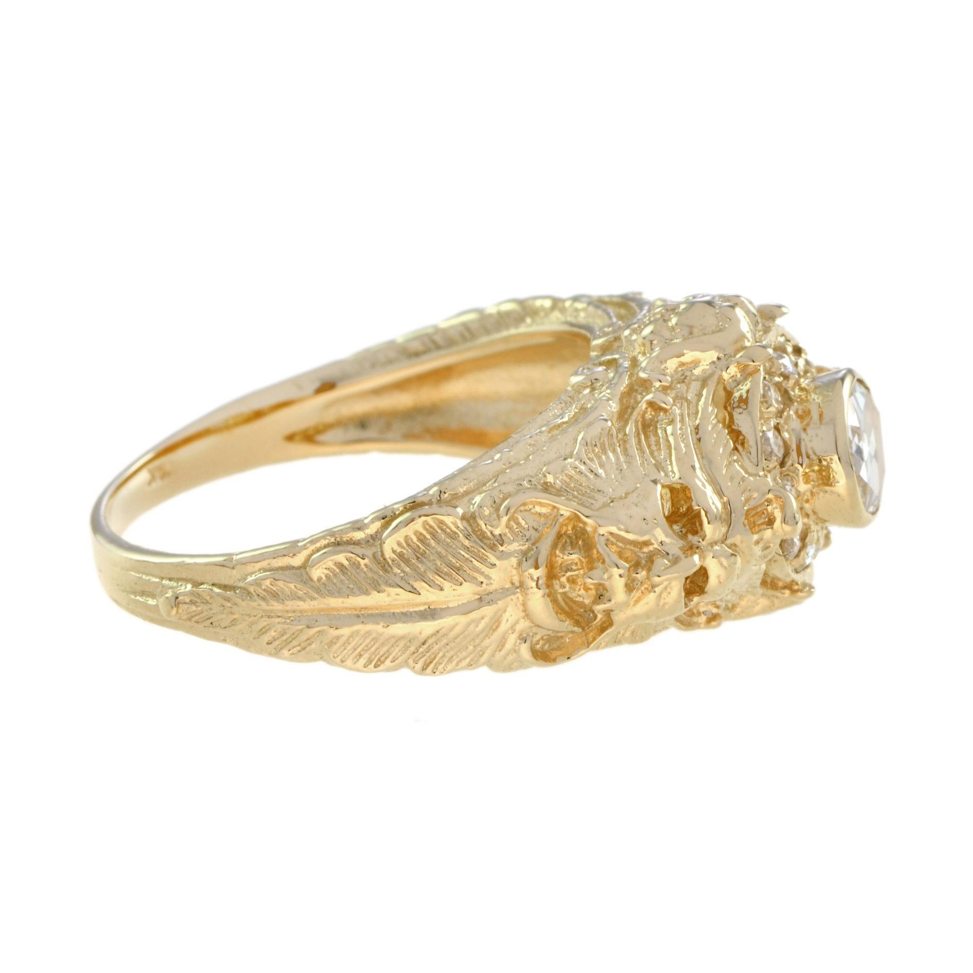 Taille rose Bague en or jaune 14K à dôme sculptural et diamant taillé en rose de style ancien en vente