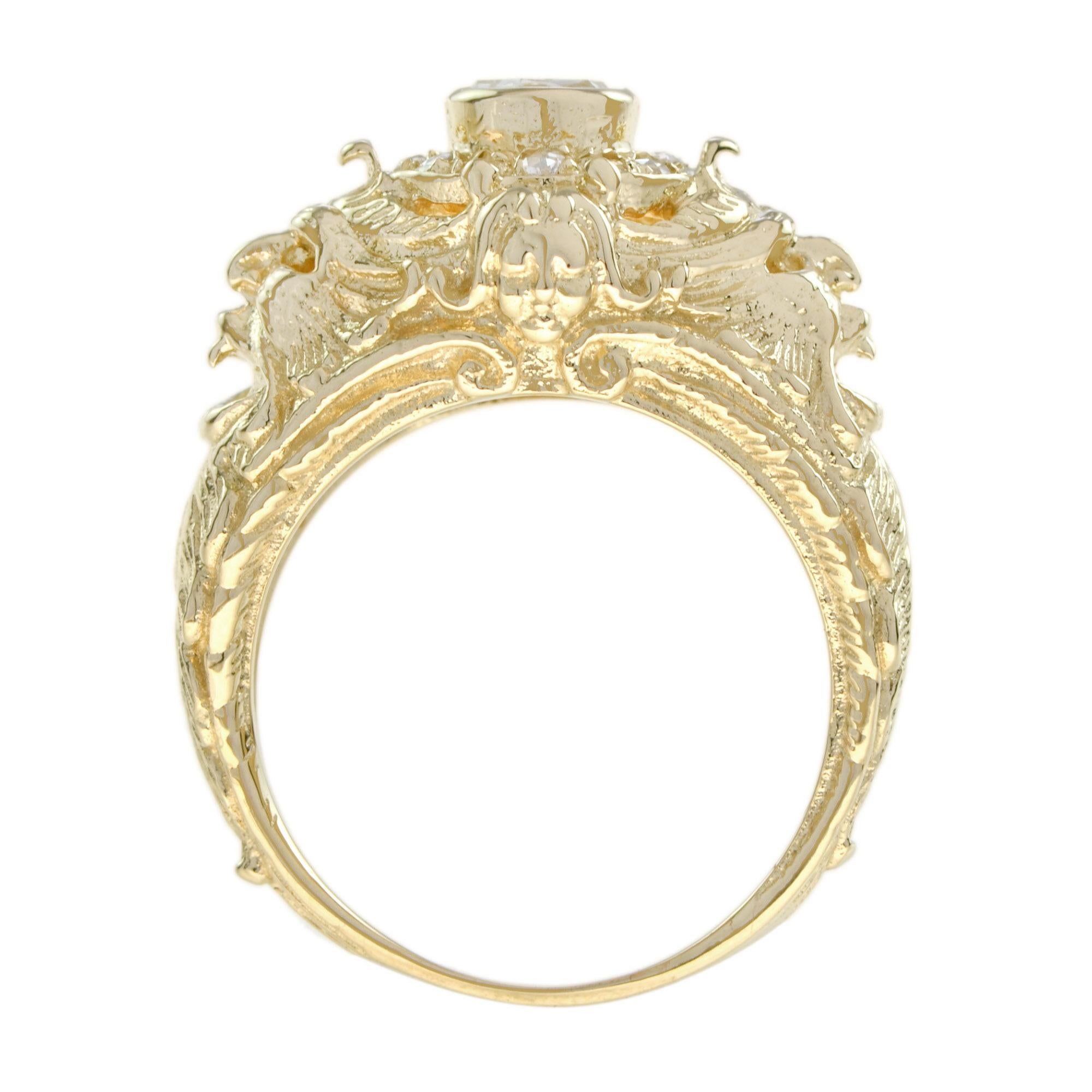 Bague en or jaune 14K à dôme sculptural et diamant taillé en rose de style ancien Unisexe en vente