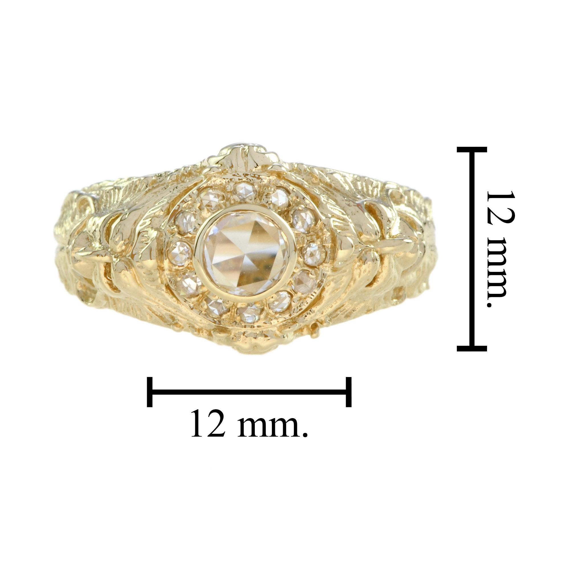 Bague en or jaune 14K à dôme sculptural et diamant taillé en rose de style ancien en vente 1