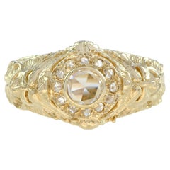 Bague en or jaune 14K à dôme sculptural et diamant taillé en rose de style ancien
