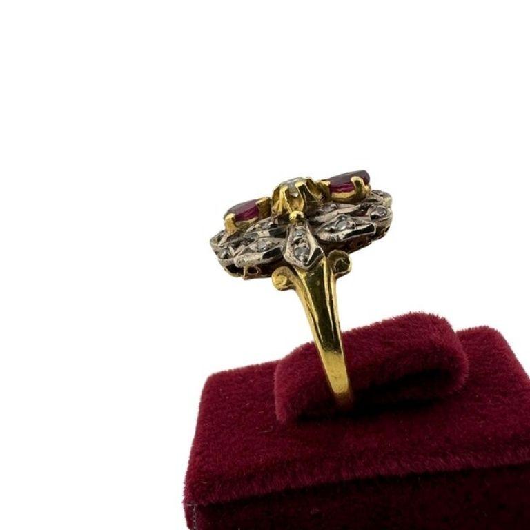 Victorian Antique-Style Ruby and Diamond Ring – 18K Gold, Silver, Natural Rubies For Sale
