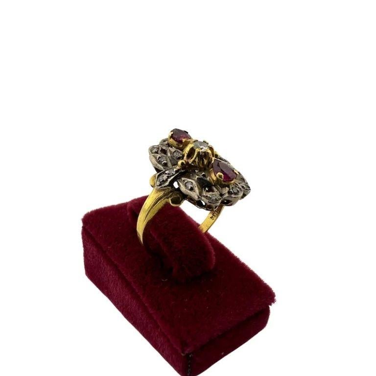 Women's Antique-Style Ruby and Diamond Ring – 18K Gold, Silver, Natural Rubies For Sale