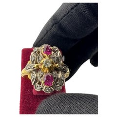 Antique-Style Ruby and Diamond Ring – 18K Gold, Silver, Natural Rubies