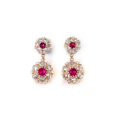 Antique Style Ruby and Rose Cut Diamond Cluster Drop Earrings
