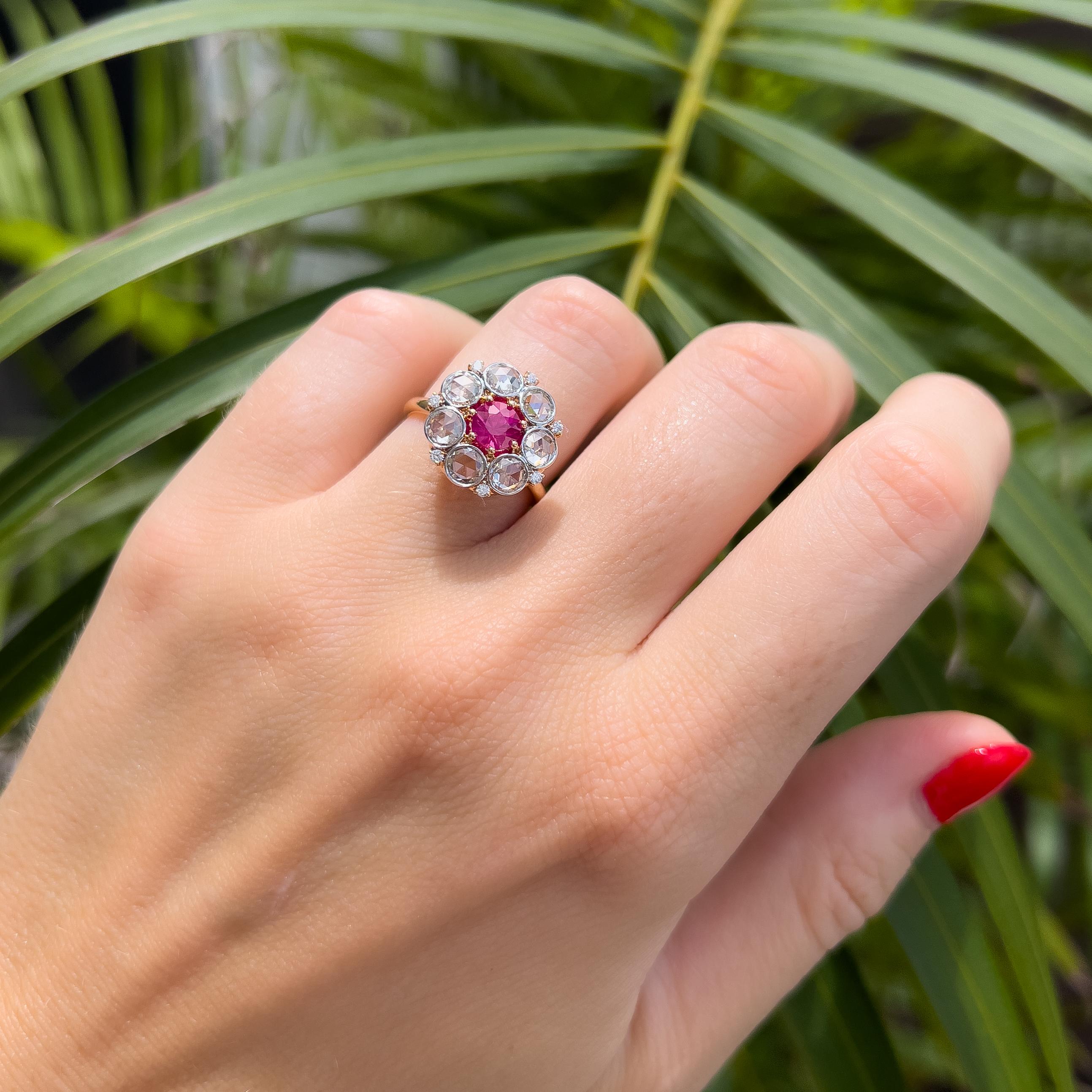 Antique Style Ruby and Rose Cut Diamond Cluster Ring For Sale 3