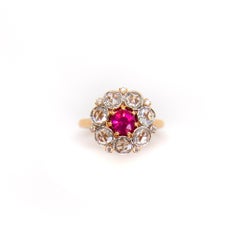 Antique Style Ruby and Rose Cut Diamond Cluster Ring