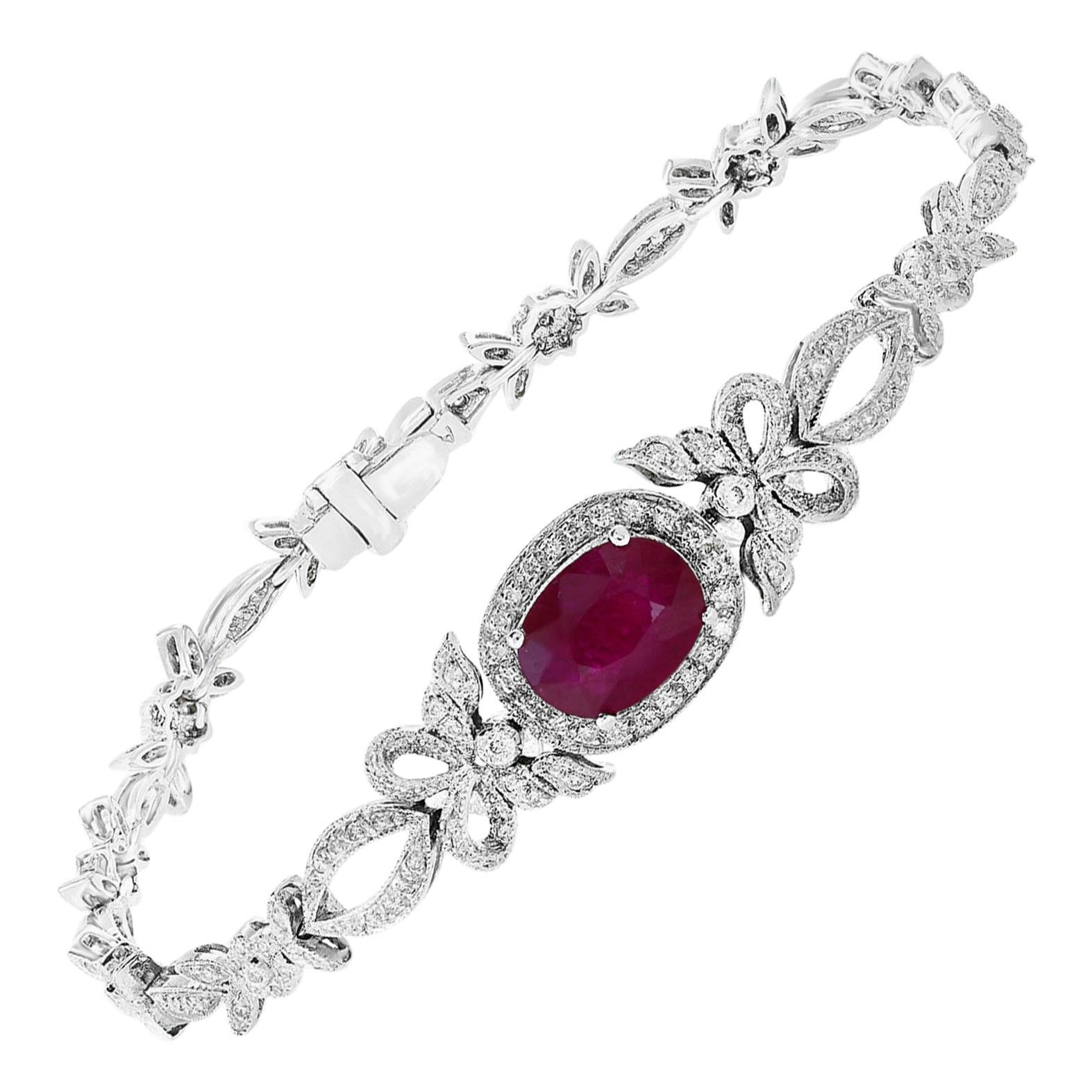 Antique Style Ruby Bracelet 2.75ct Ruby with .78ct of Diamonds in 18 Karat White For Sale