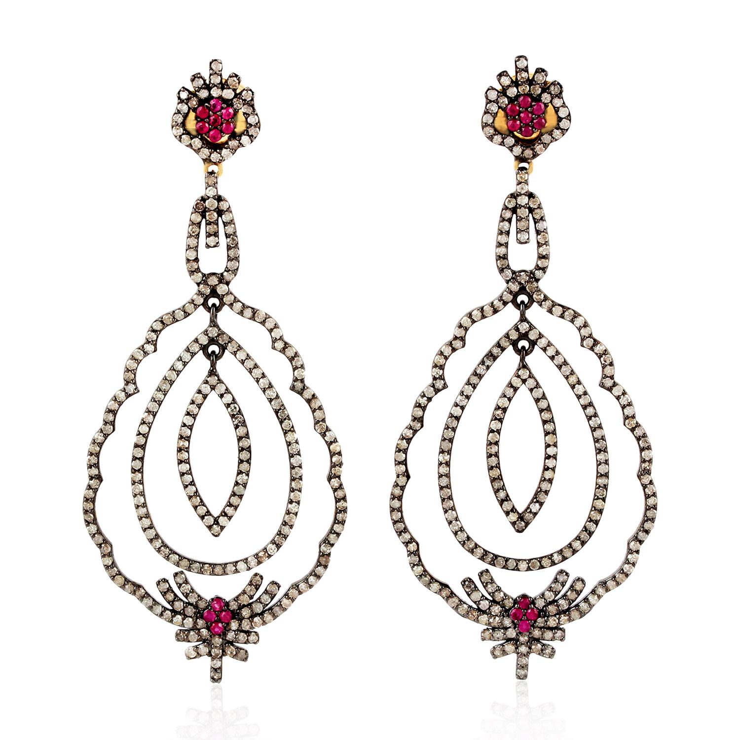 Single Cut Antique Style Ruby Diamond Earrings For Sale