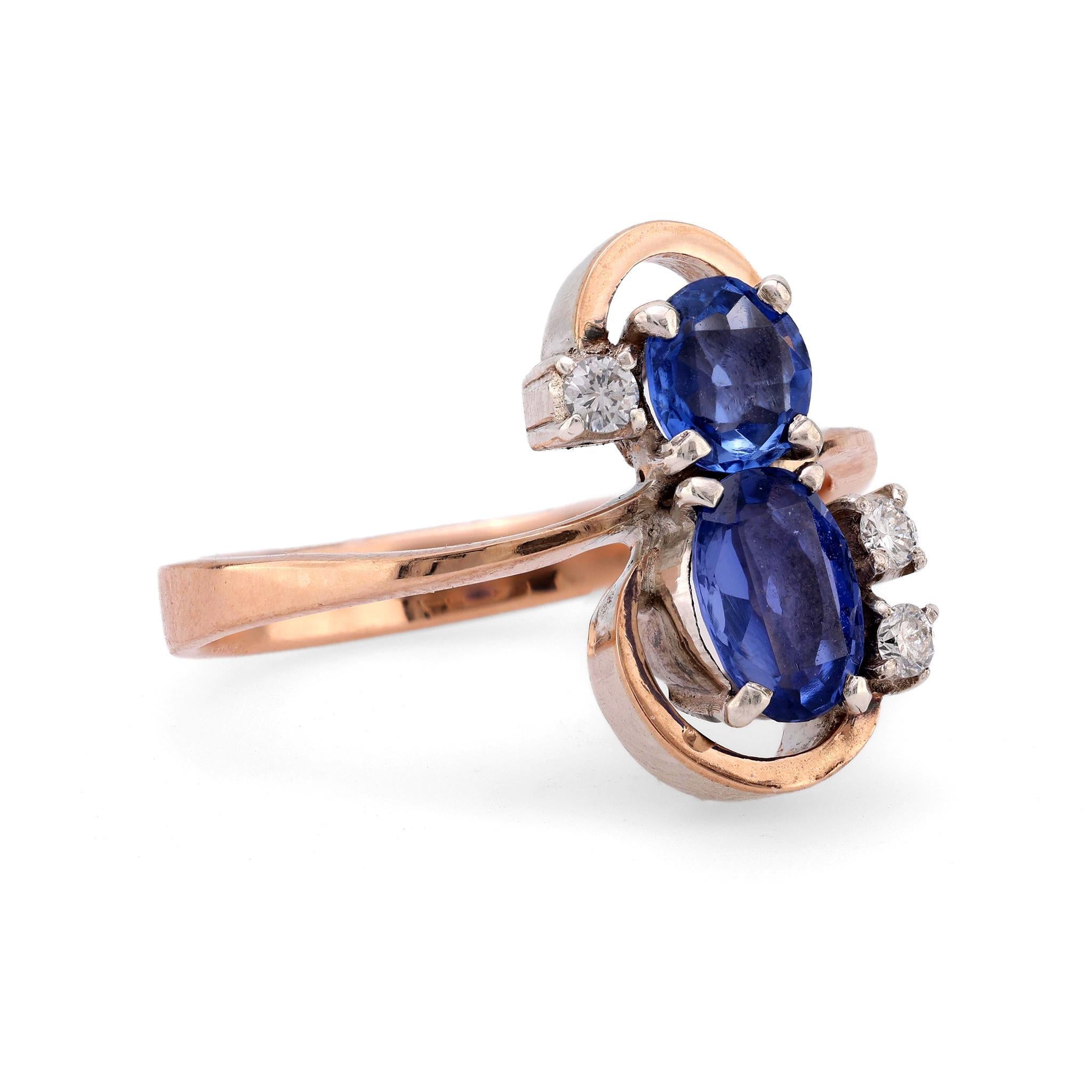 Modern Antique style sapphire diamond 10k rose gold silver Toi Et Moi ring
