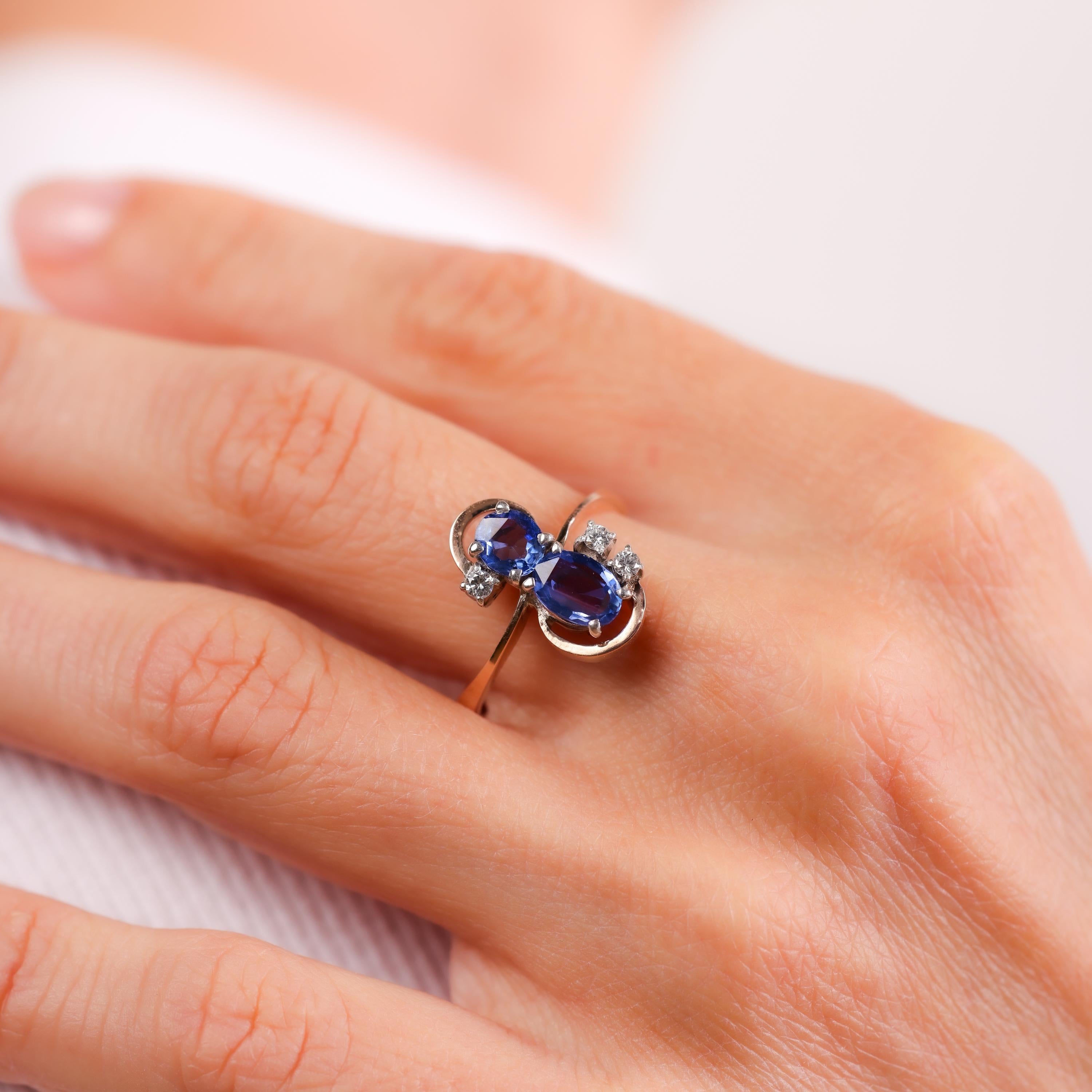 Oval Cut Antique style sapphire diamond 10k rose gold silver Toi Et Moi ring