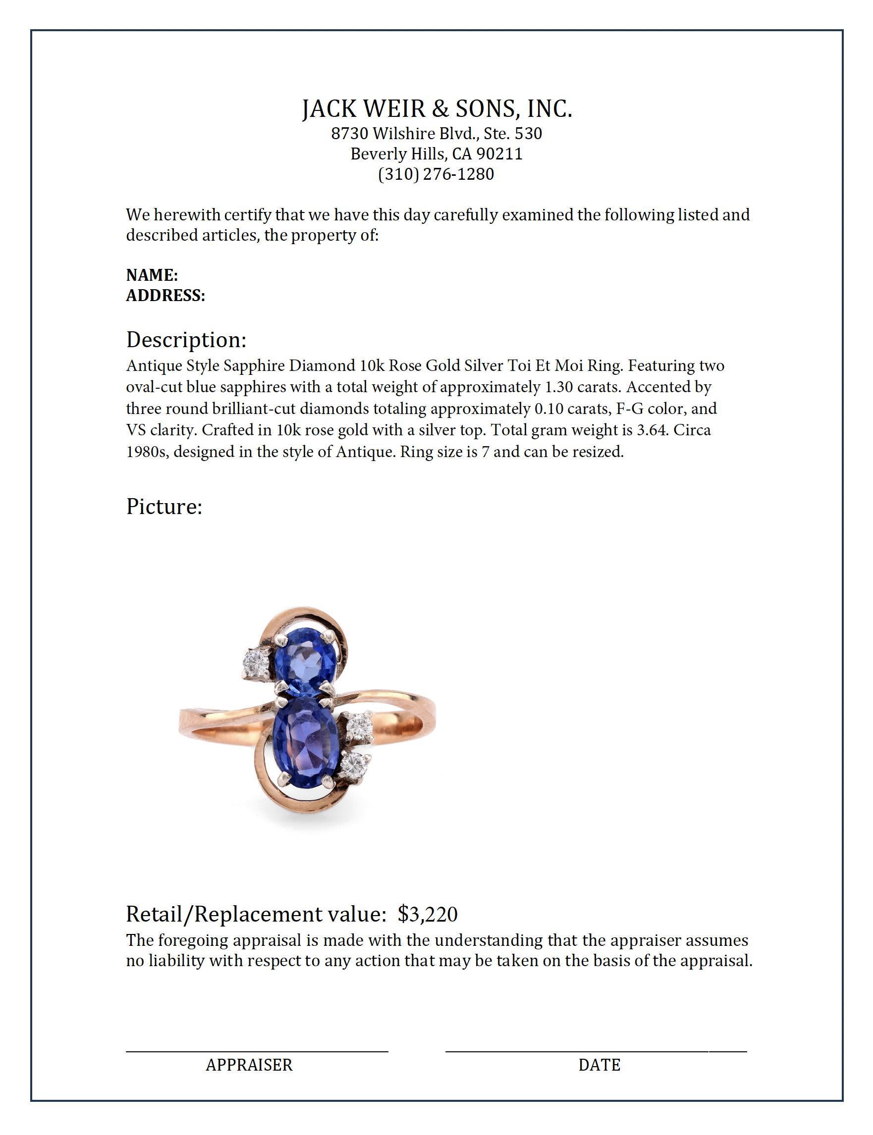 Antique style sapphire diamond 10k rose gold silver Toi Et Moi ring In Excellent Condition In Beverly Hills, CA