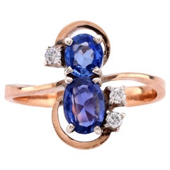 Antique style sapphire diamond 10k rose gold silver Toi Et Moi ring