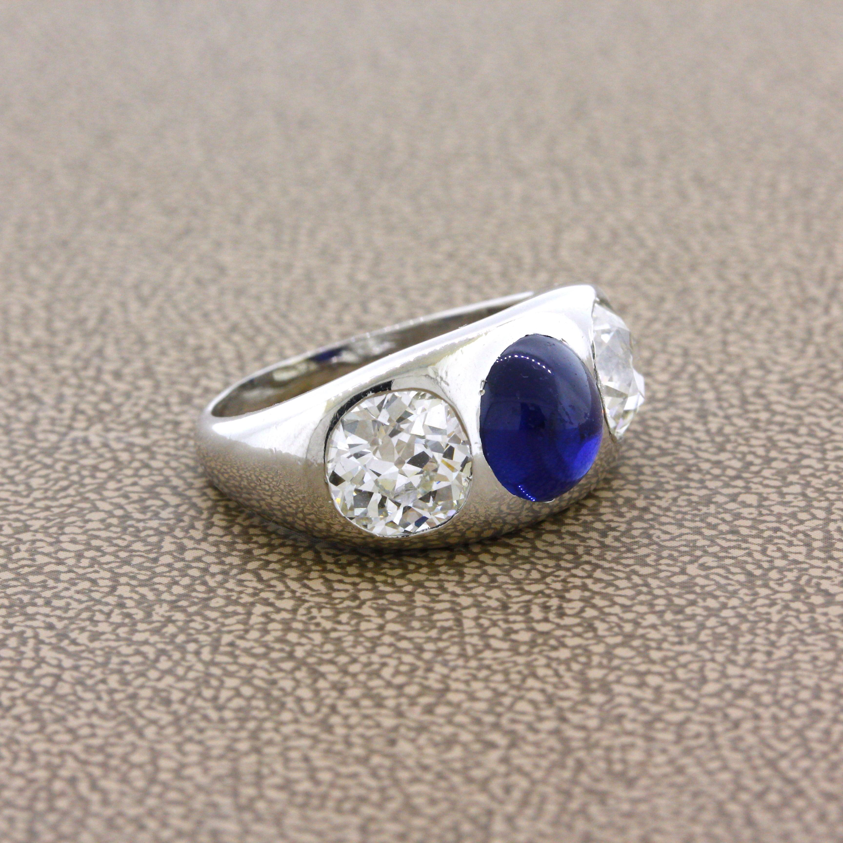Cabochon Antique-Style Sapphire Diamond 3-Stone Platinum Ring, AGL Certified For Sale