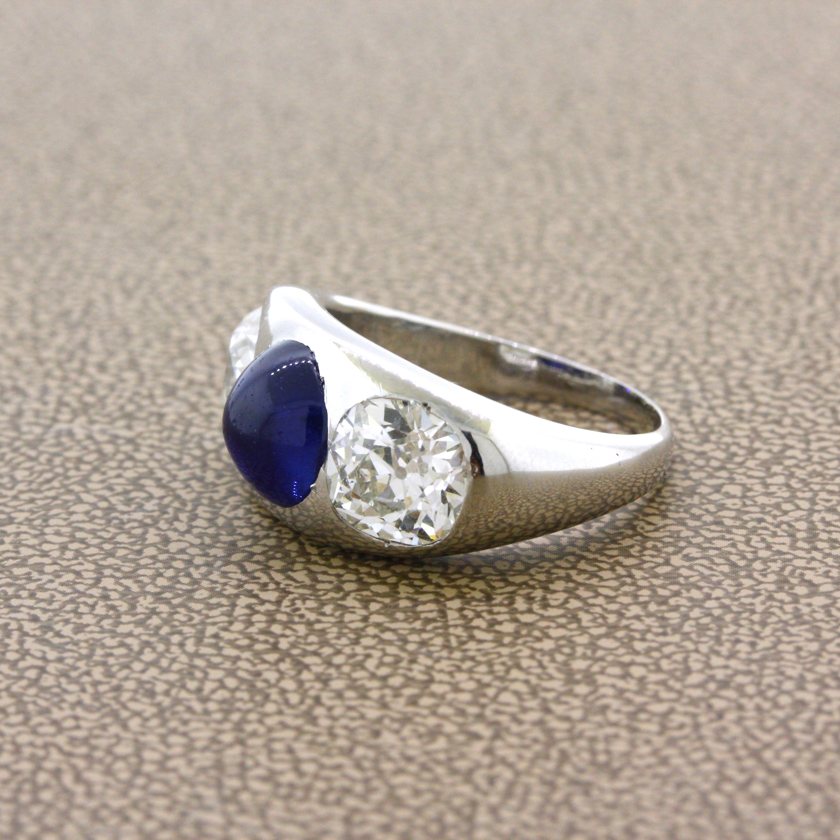 Antique-Style Sapphire Diamond 3-Stone Platinum Ring, AGL Certified In New Condition For Sale In Beverly Hills, CA