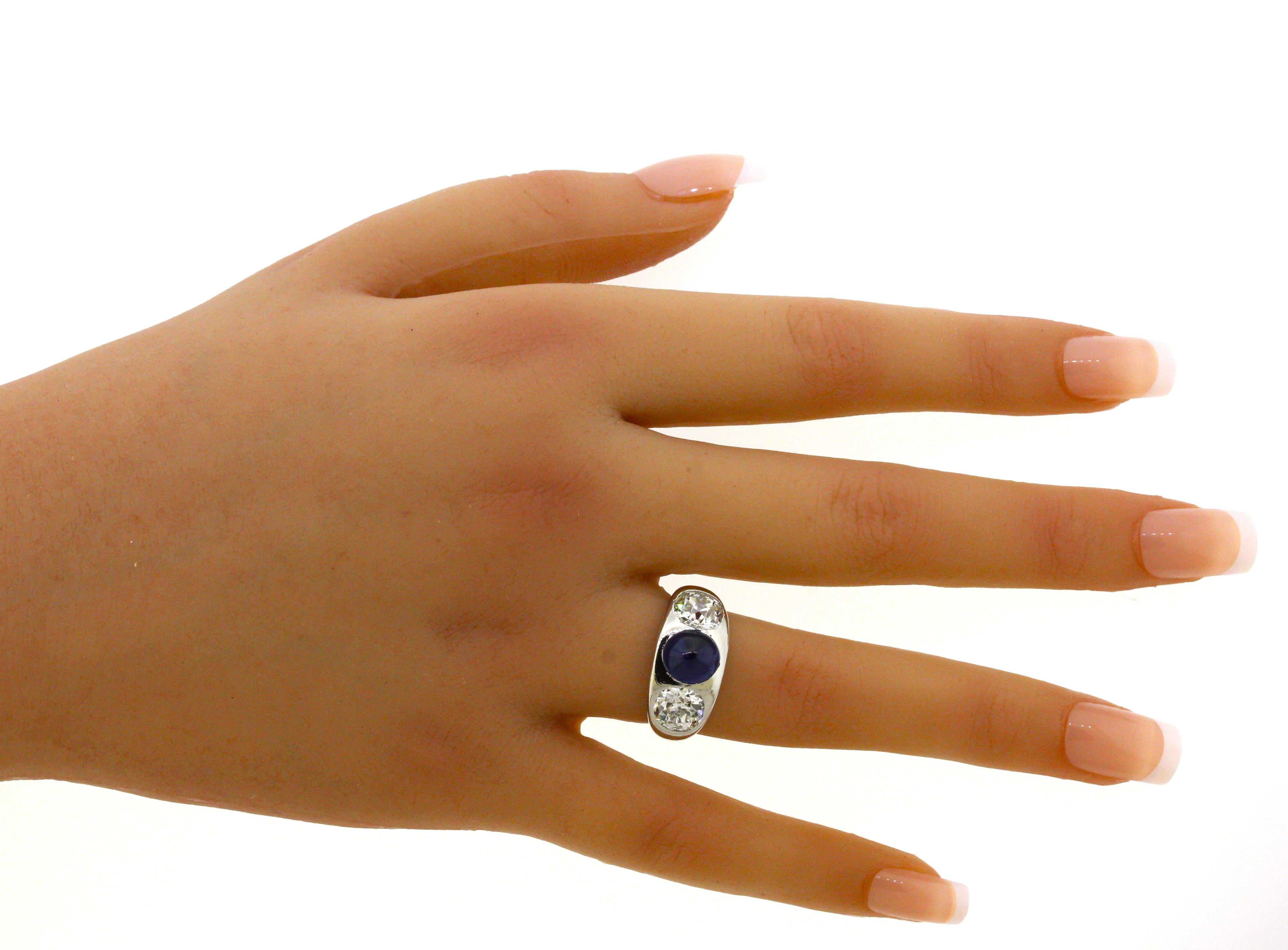 Women's Antique-Style Sapphire Diamond 3-Stone Platinum Ring, AGL Certified For Sale