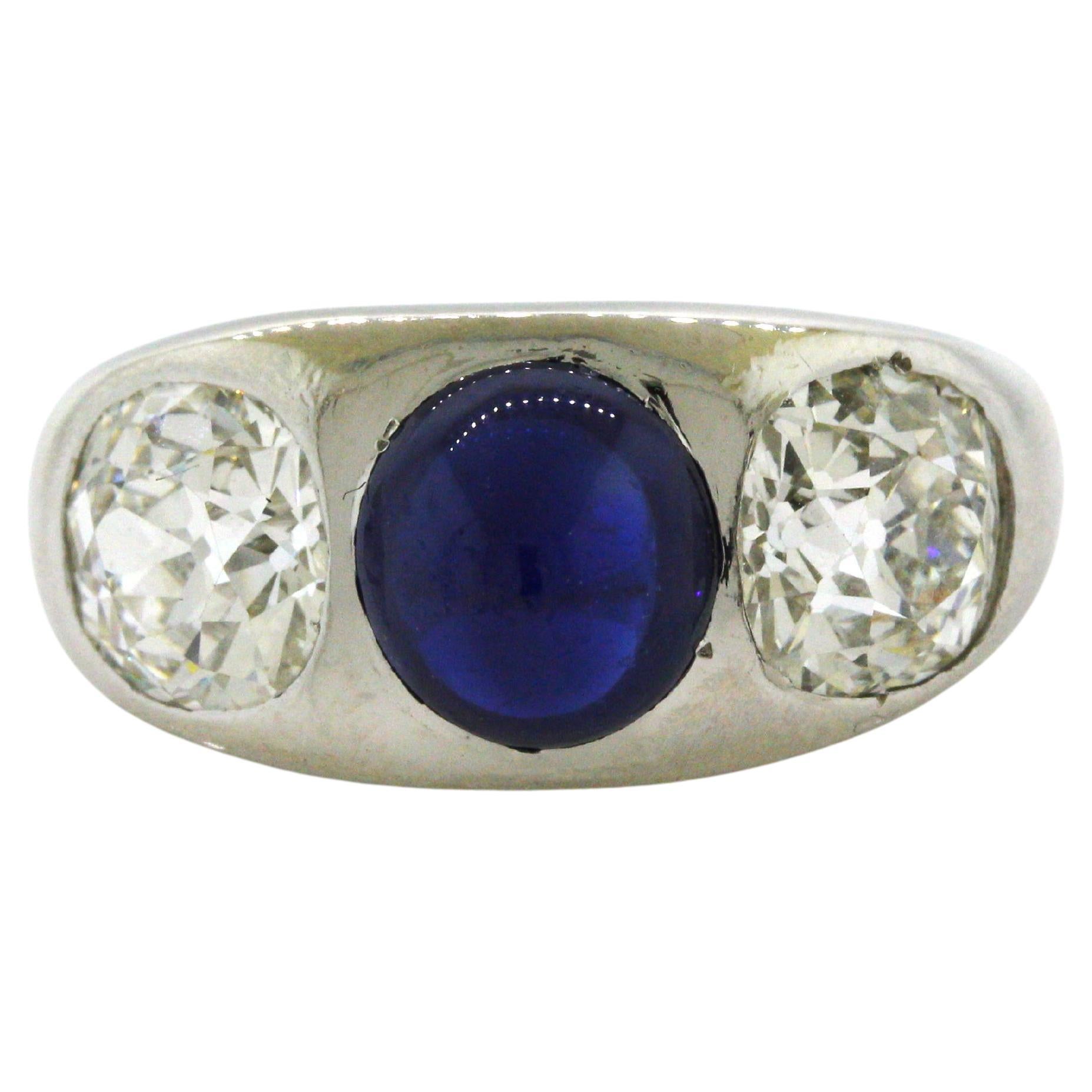 Antique-Style Sapphire Diamond 3-Stone Platinum Ring, AGL Certified For Sale