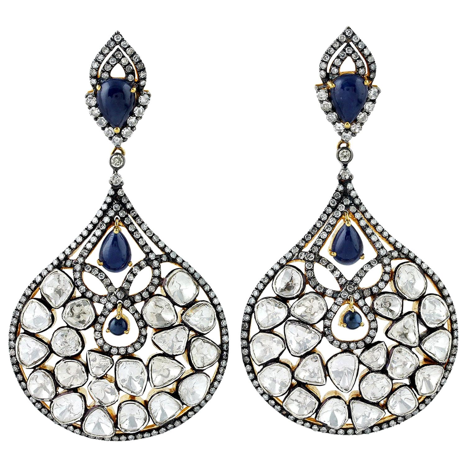 Antique Style Sapphire Rose Cut Diamond Mughal Earrings For Sale