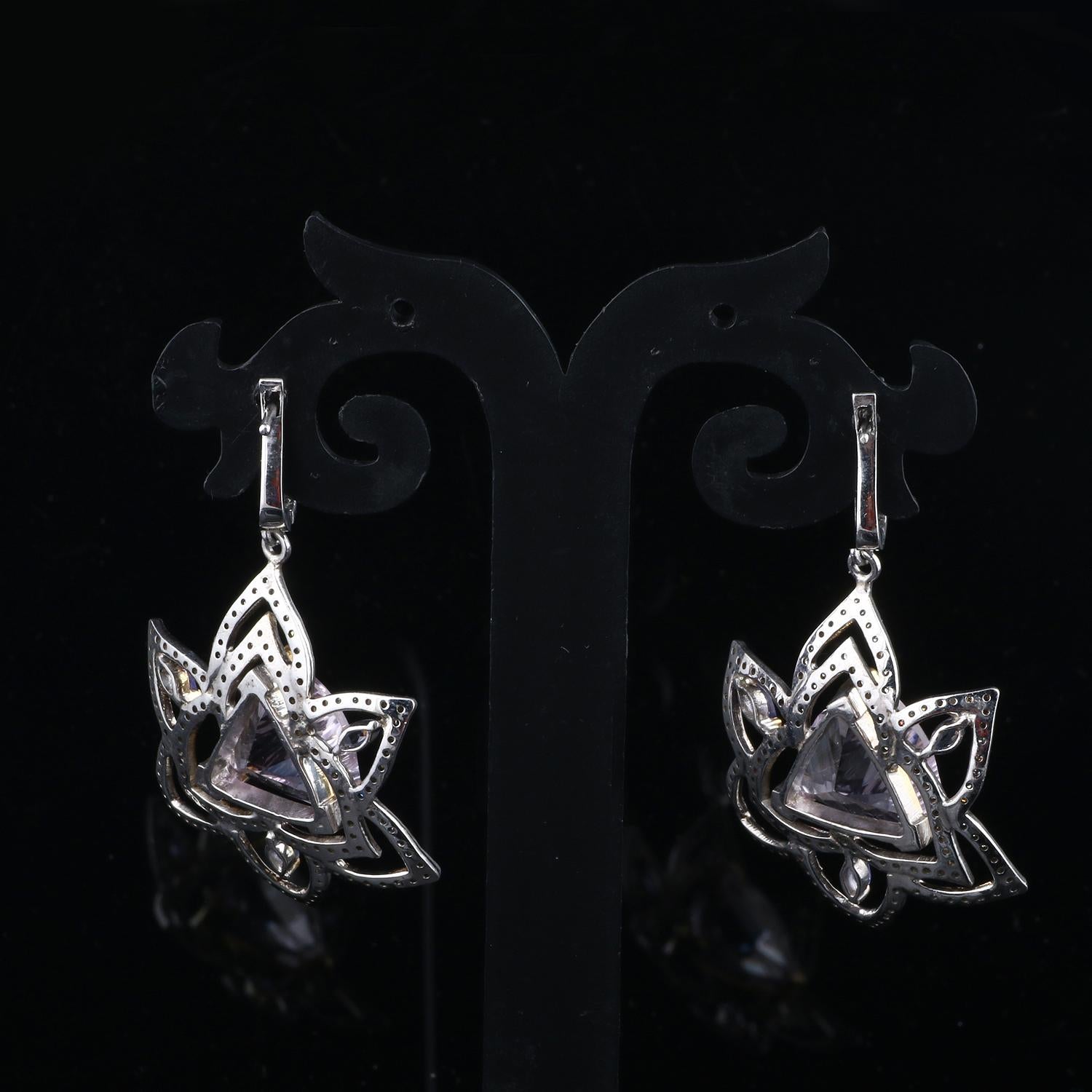 Victorian Antique Style Silver Diamond, Tanzanite & Lavender Quartz Dangle Earrings For Sale